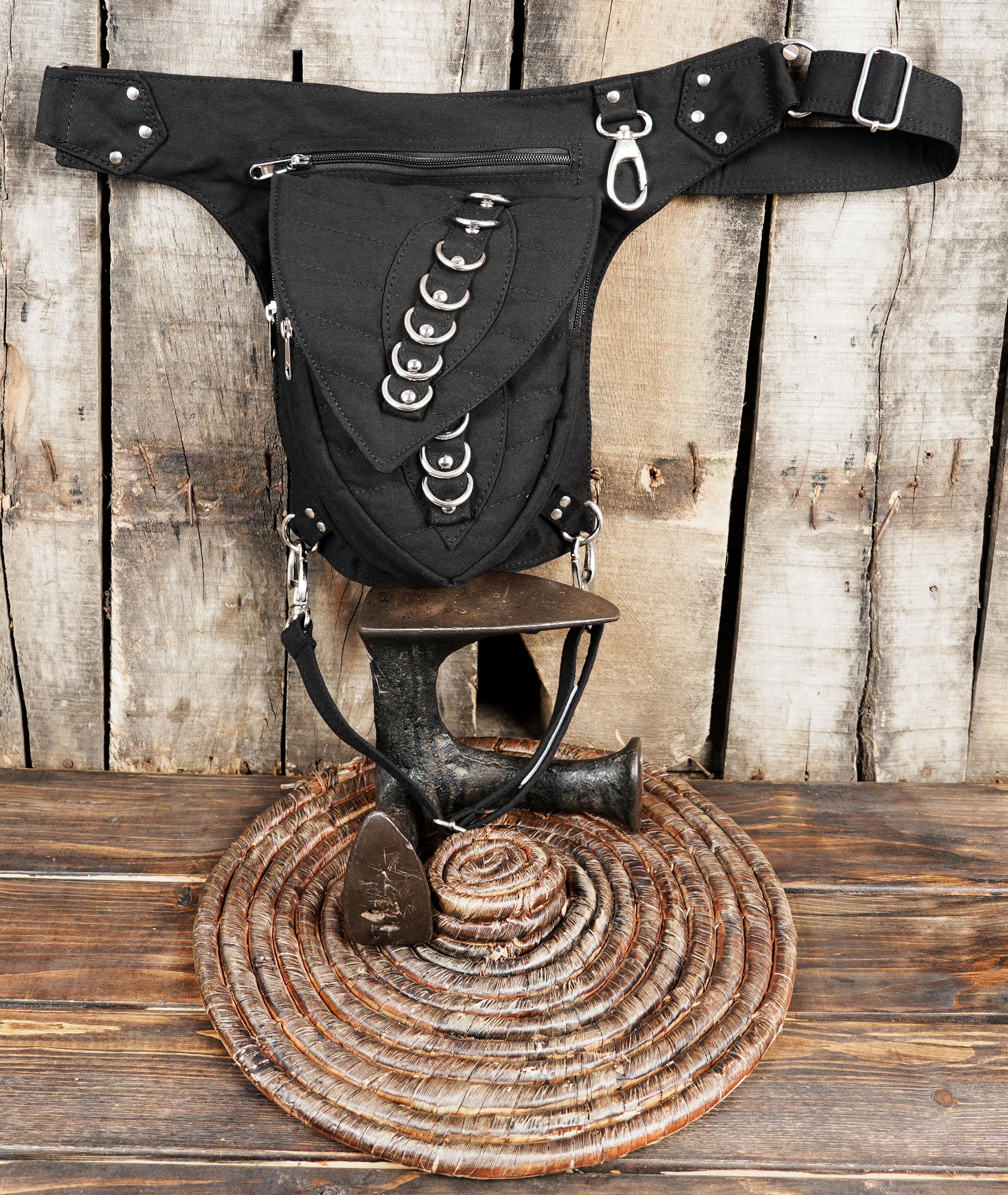 Black tactical utility thigh bag with waist belt for men.