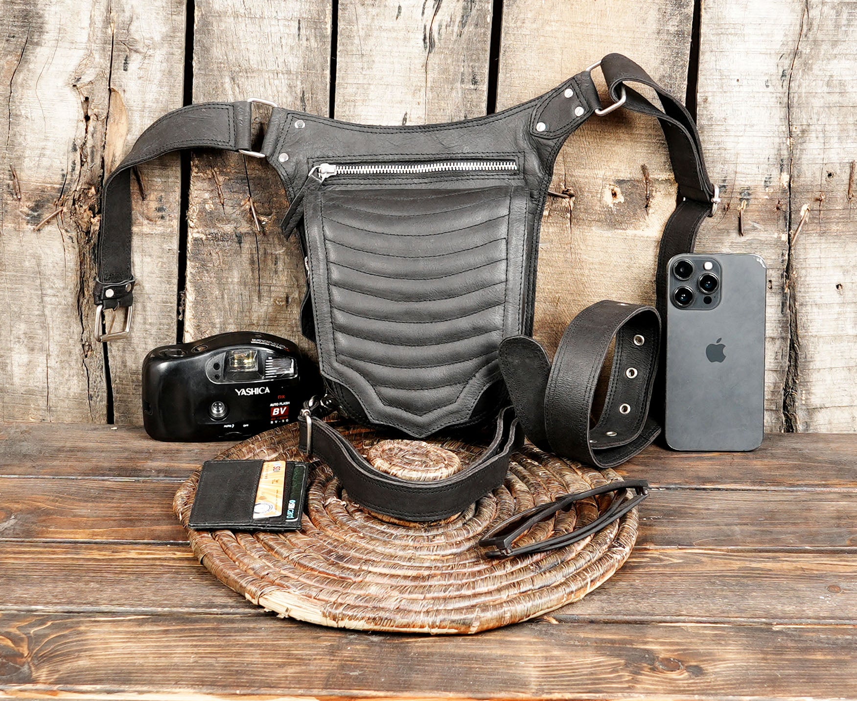 Adventure travel waist and thigh bag with adjustable straps.