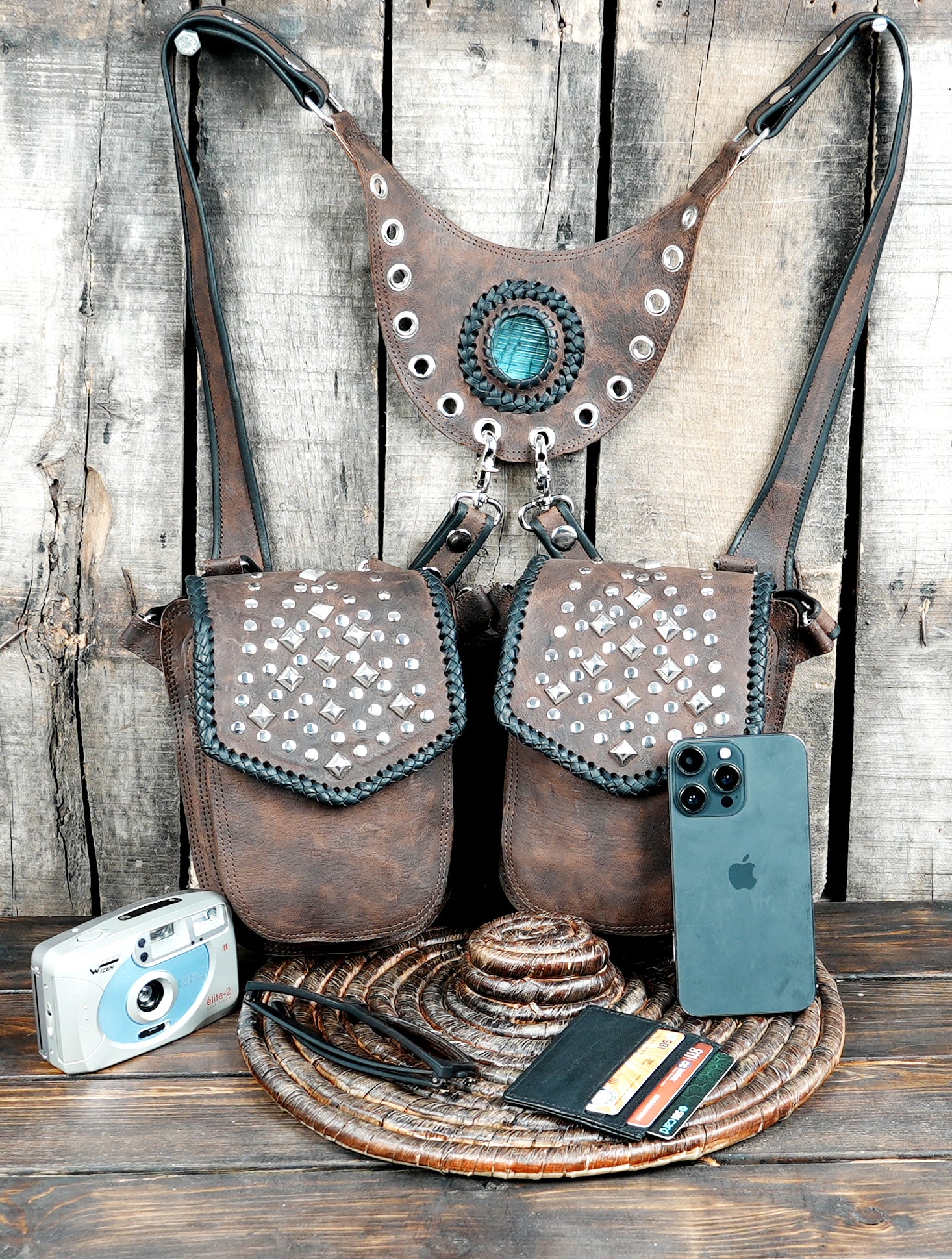 Handmade Leather Shoulder Holster Bag with Real Labradorite Gemstones || Burning Man holster || Adjustable straps || For Unisex ||