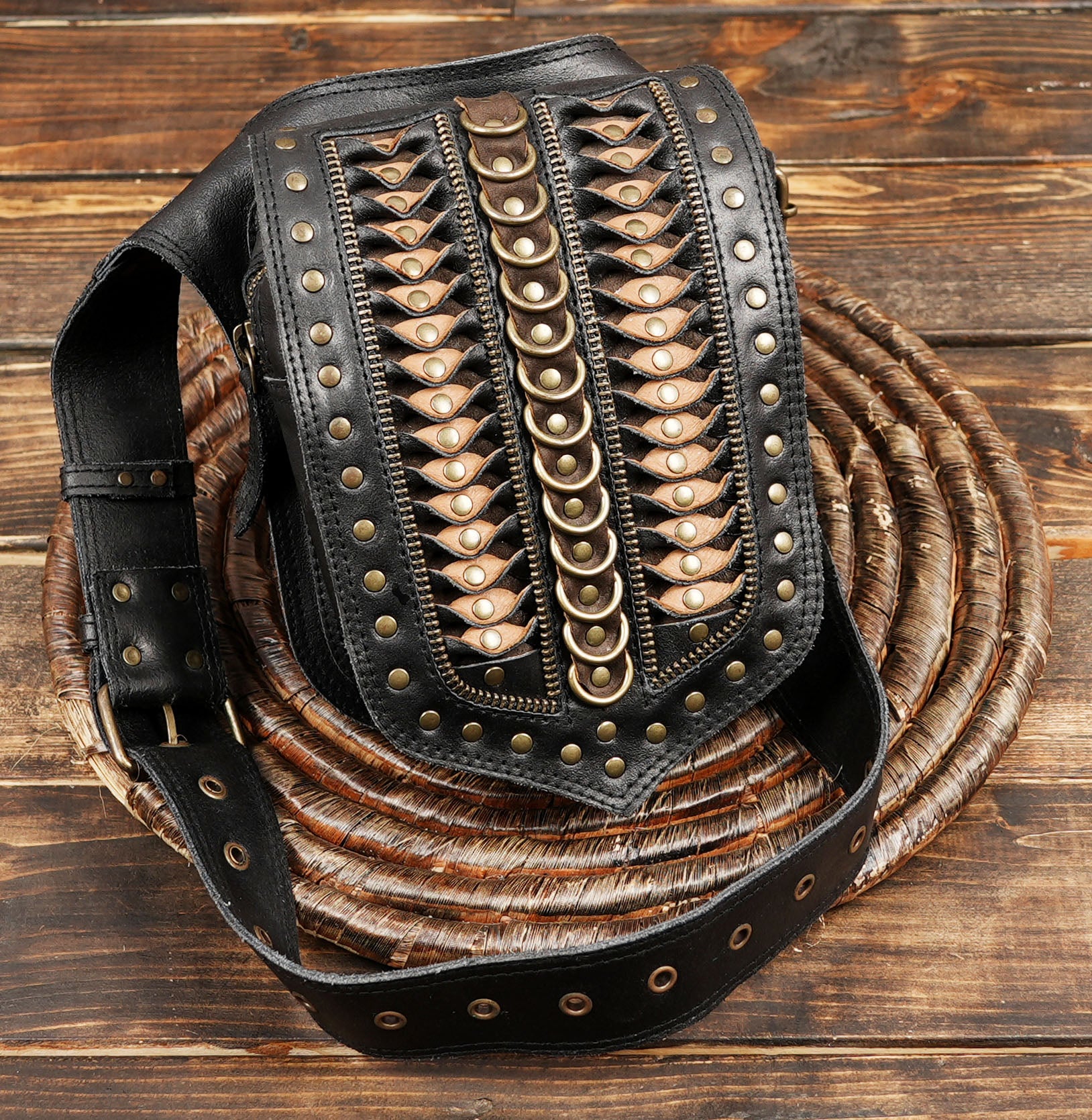 Unisex riveted leather belt bag ideal for festivals, cosplay, or travel