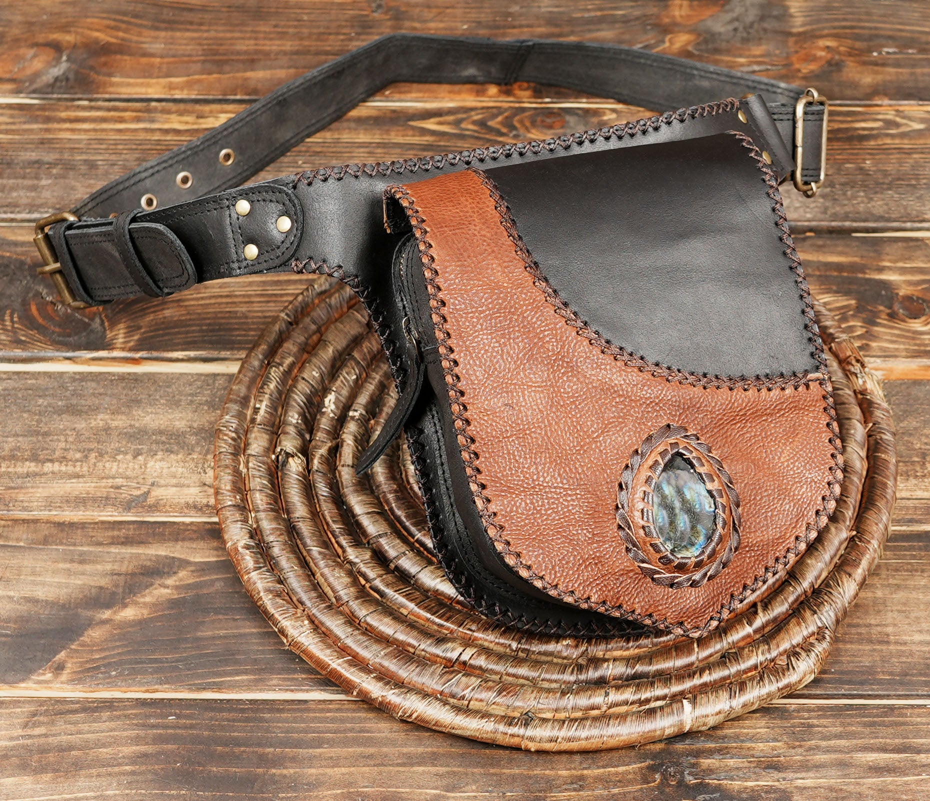 Premium Genuine Leather Waist Belt with Gemstone Pouch || Two-Tone Leather Waist Belt with Decorative Flap  (LT-AB-WB-6203)