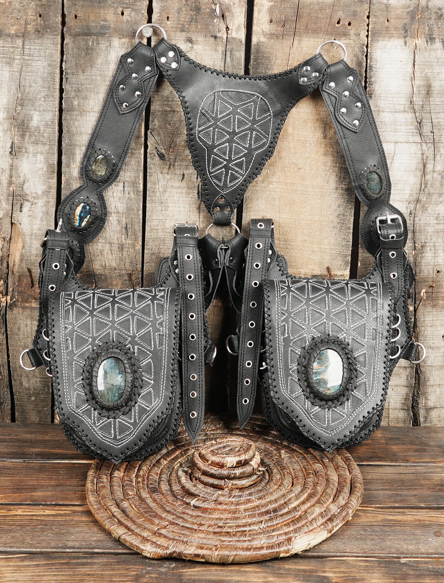 Steampunk inspired leather utility holster with gemstone details and straps