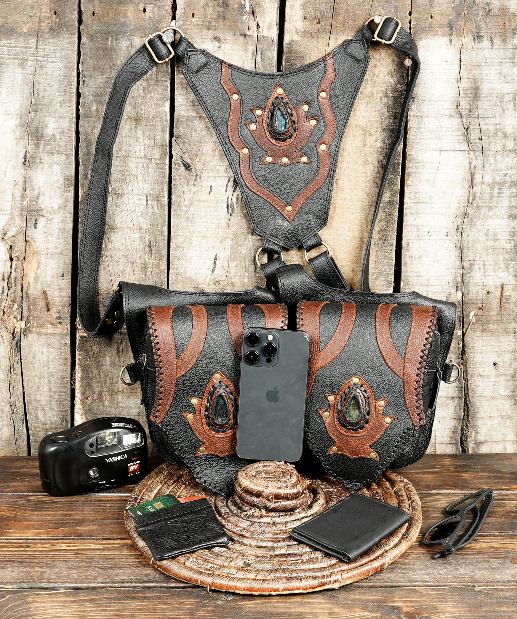 Leather Shoulder Holsters Bag, With Real Labradorite Gemstone with front brown color creativity