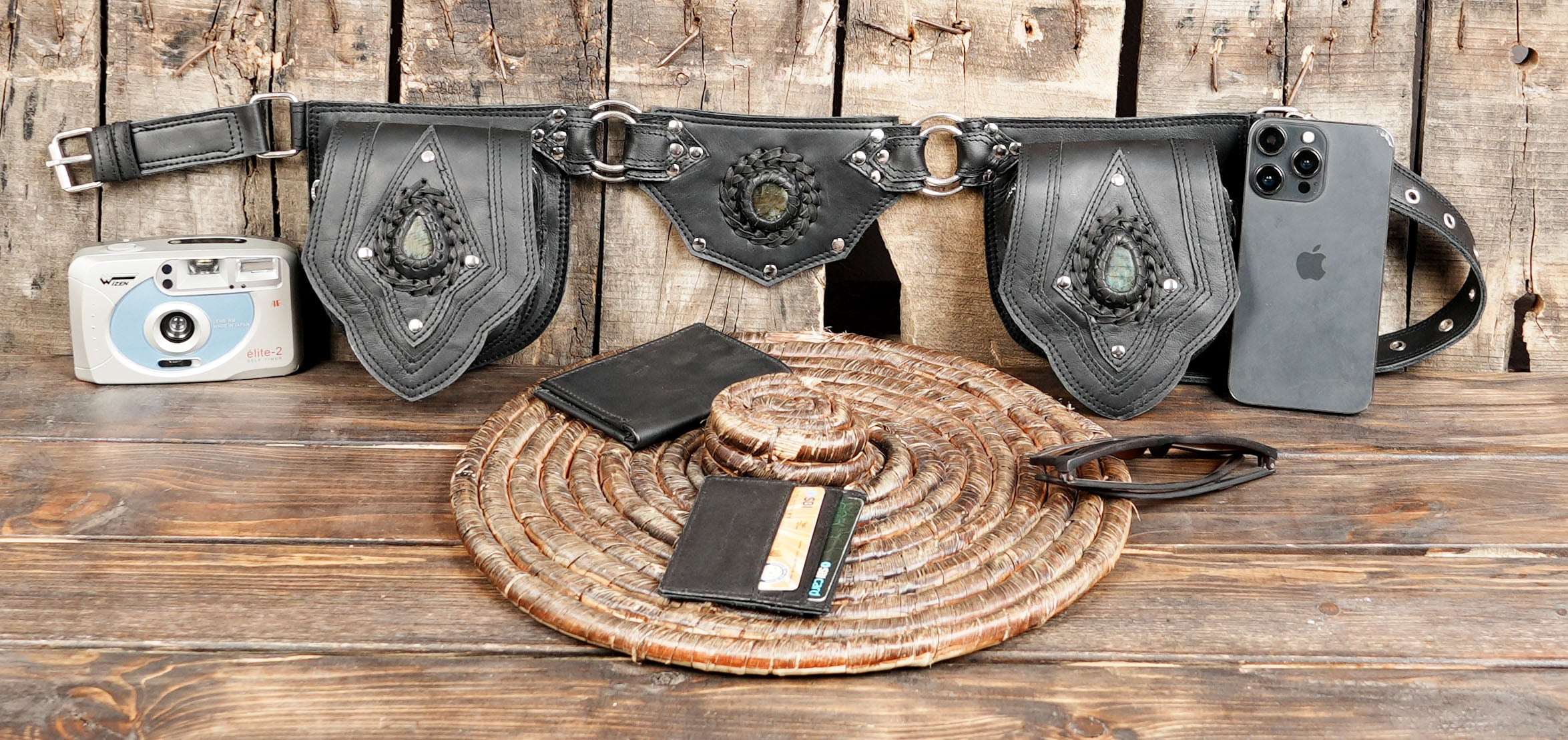 Handmade Black Leather Waist Belt with Gemstone Accents || Leather Waist Belt with Dual Storage Pouches and Metal Rings (LT-NS-WB-6046)