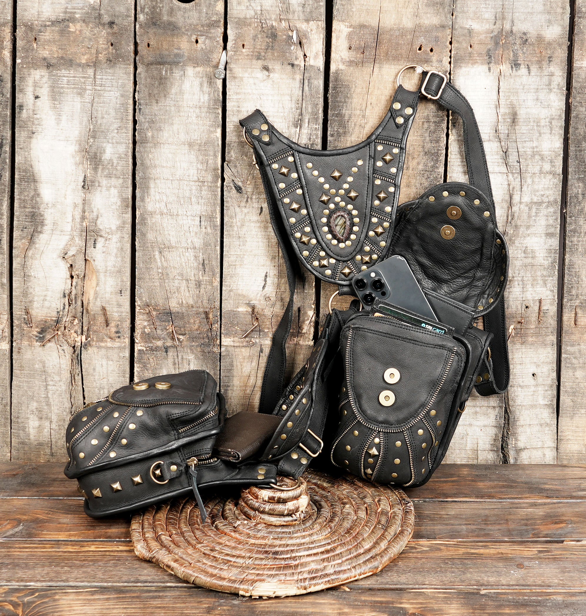 Handcrafted Leather Holster with Labradorite Stone Accents || Boho Style Leather Dual Pouch Holster with Gemstone Detail (LT-AB-HLS-6099)