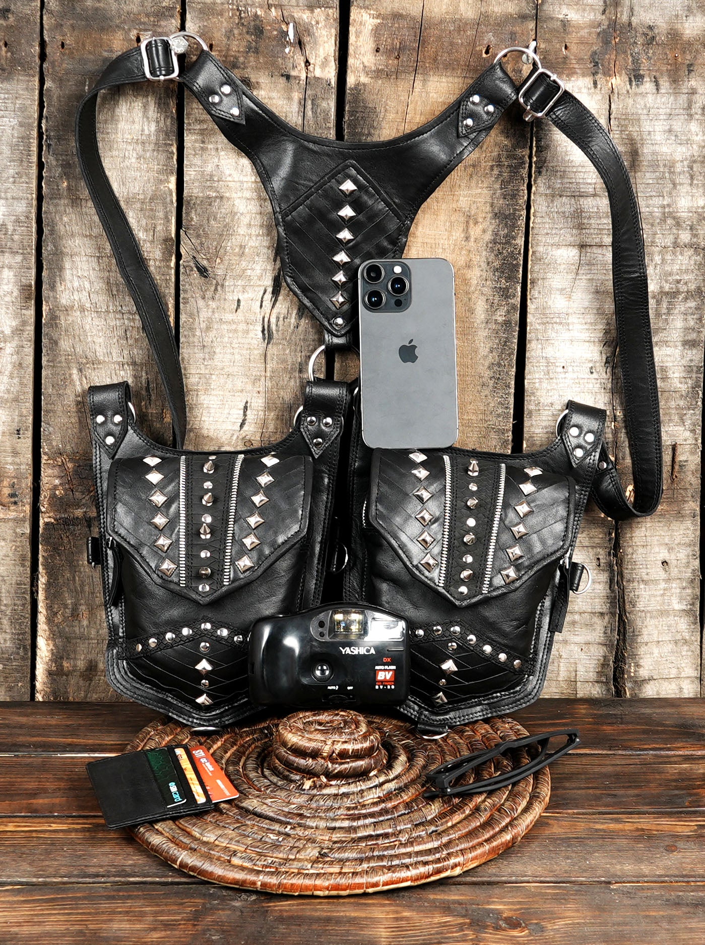 Artisan leather holster featuring bold stud and rivet accents