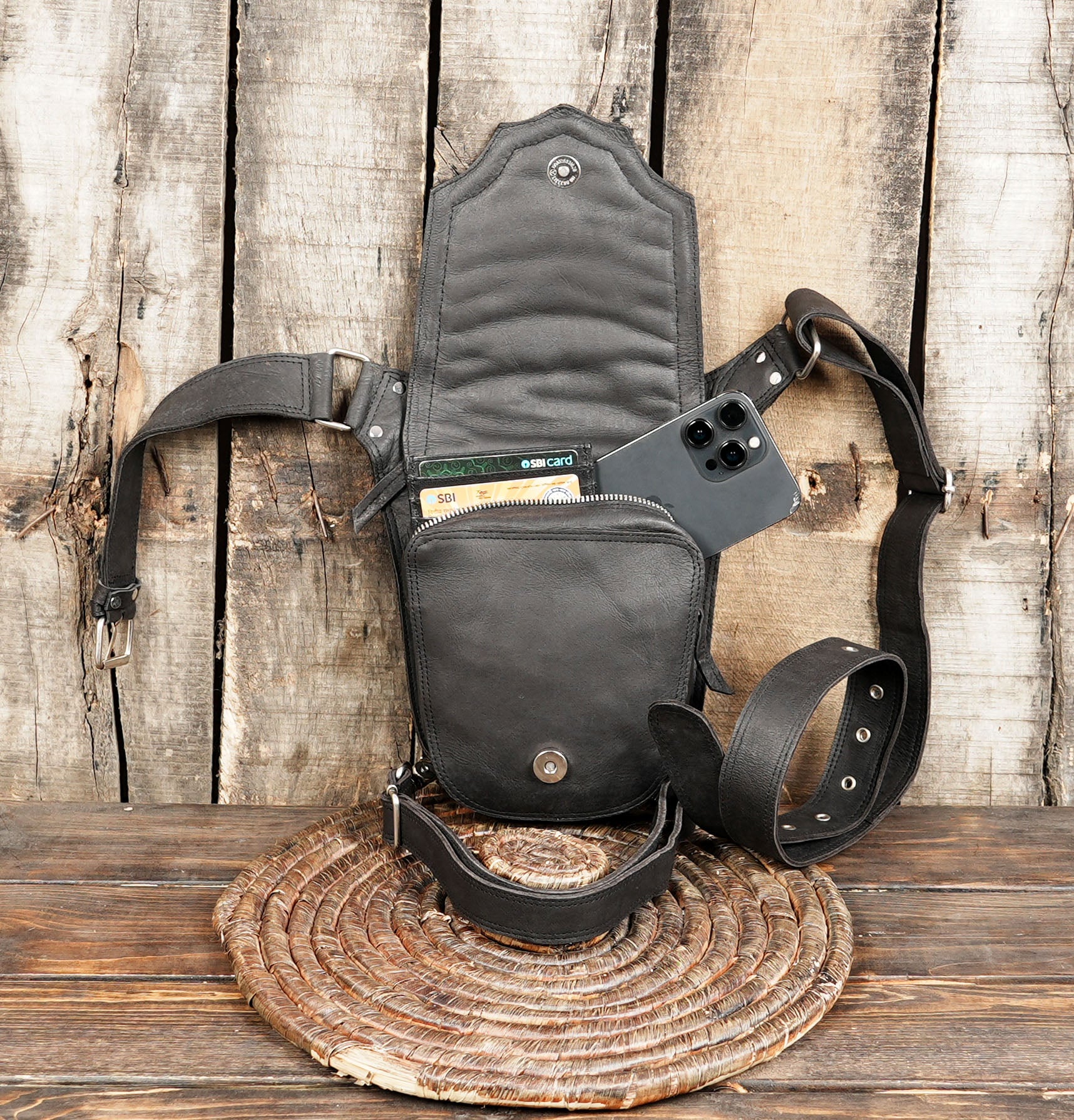 Minimal Black Leather Thigh Bag | Utility Belt for Men Women (LT-NS-WBTS-6025)