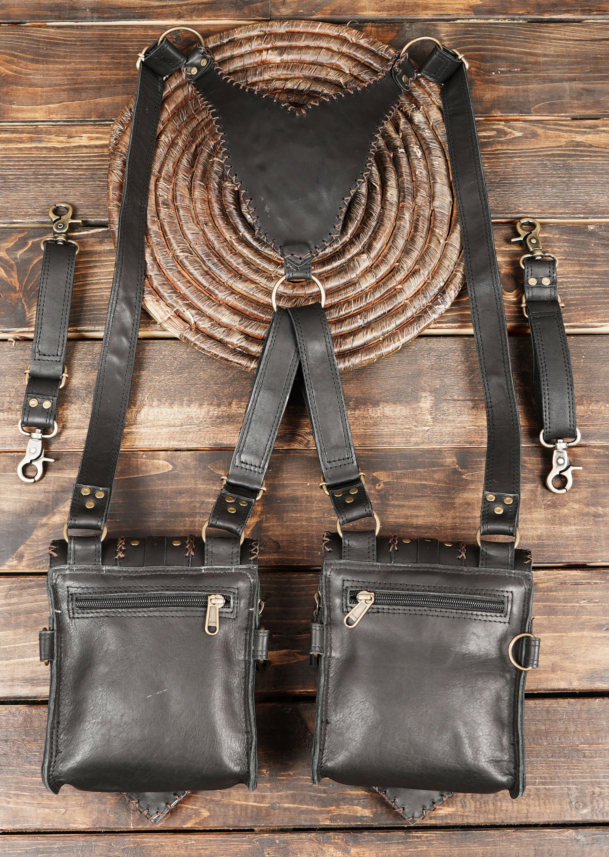 Unisex leather belt harness with brass hardware