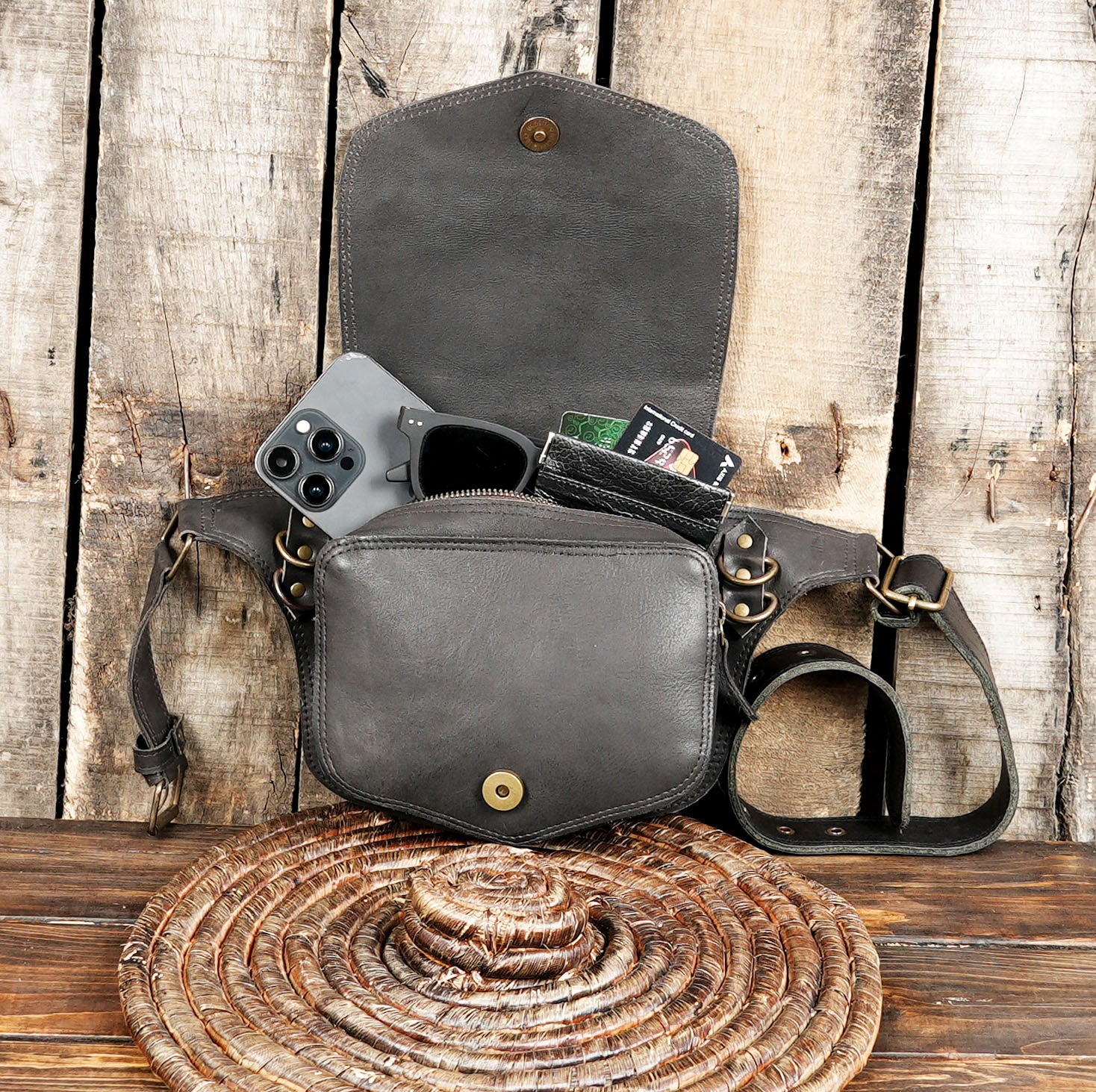 Minimalist black leather utility belt pouch