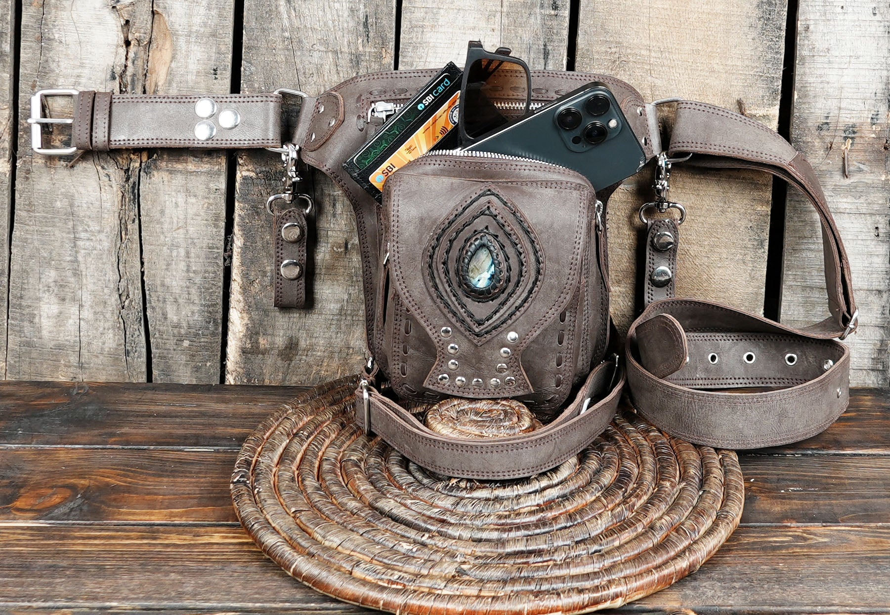 Leather Belt Pouch With Stones