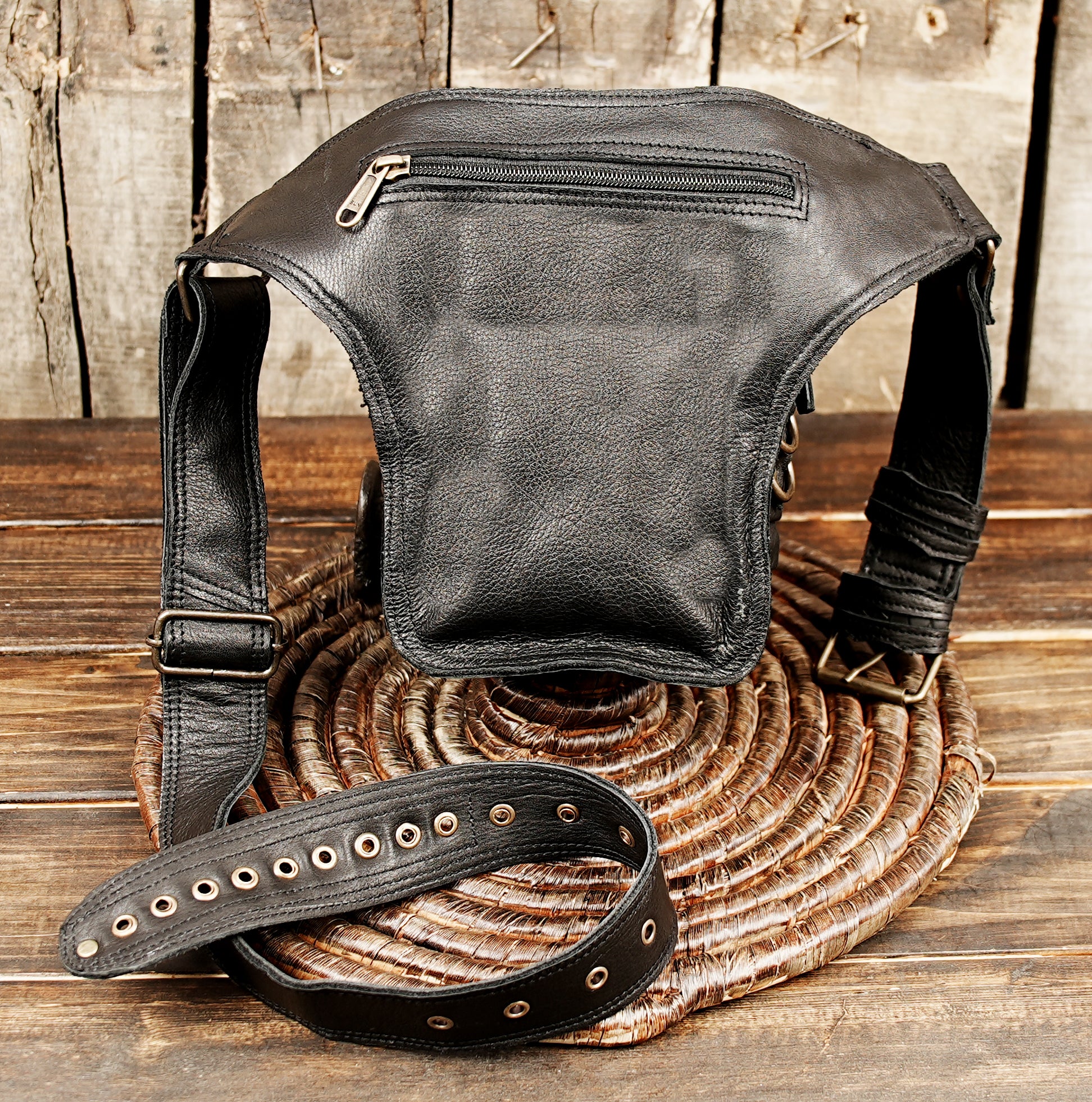 Handcrafted black leather belt for outdoor and daily use