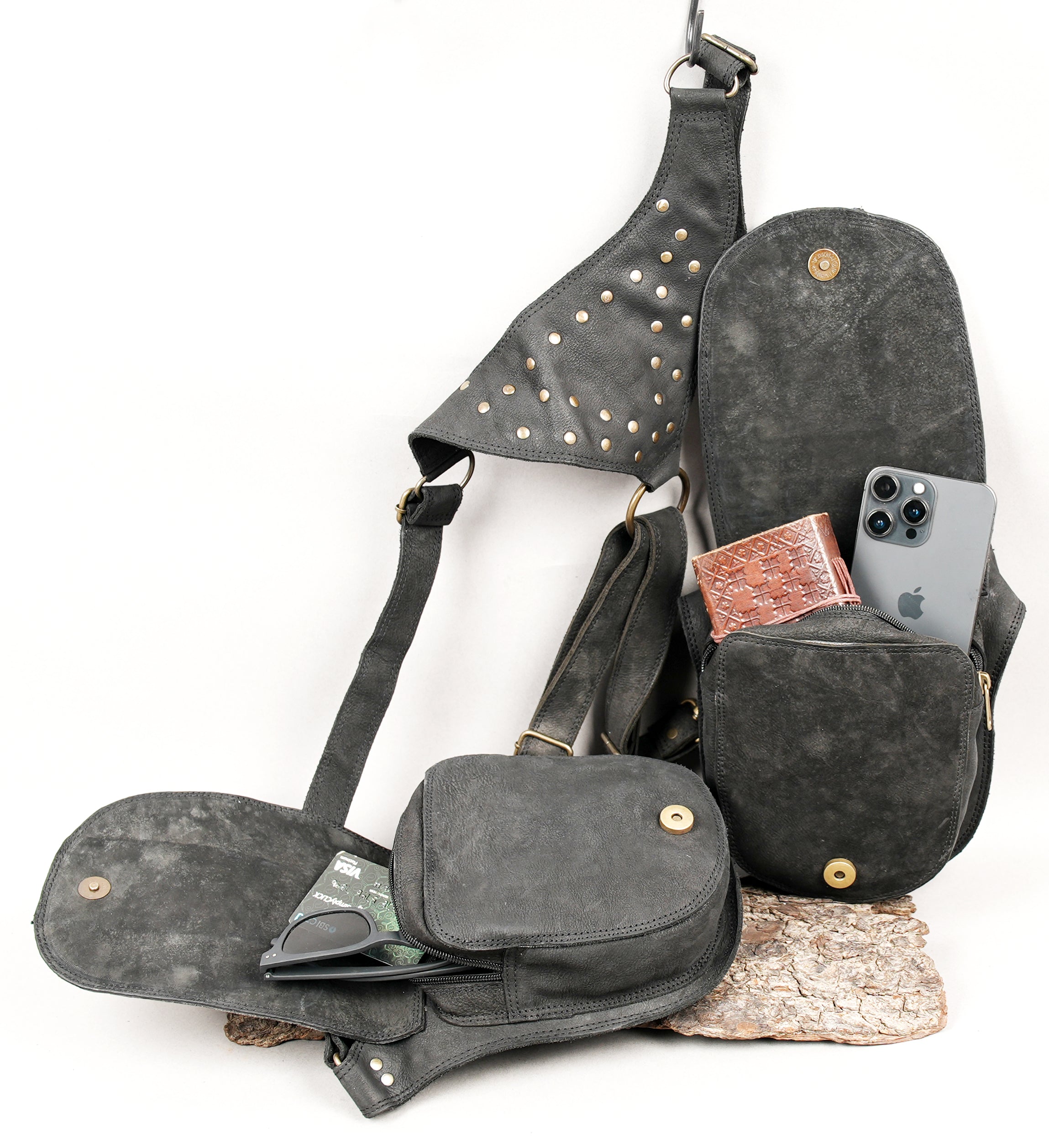 Leather festival holster with embossed pattern and metal studs