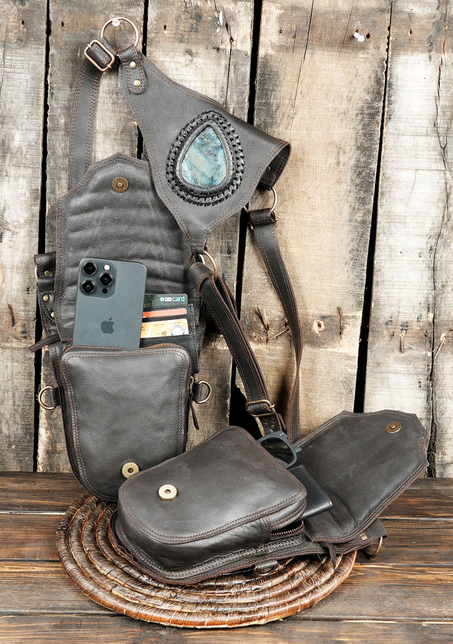 Handmade Leather Dual Holster with Gemstone Star Design
