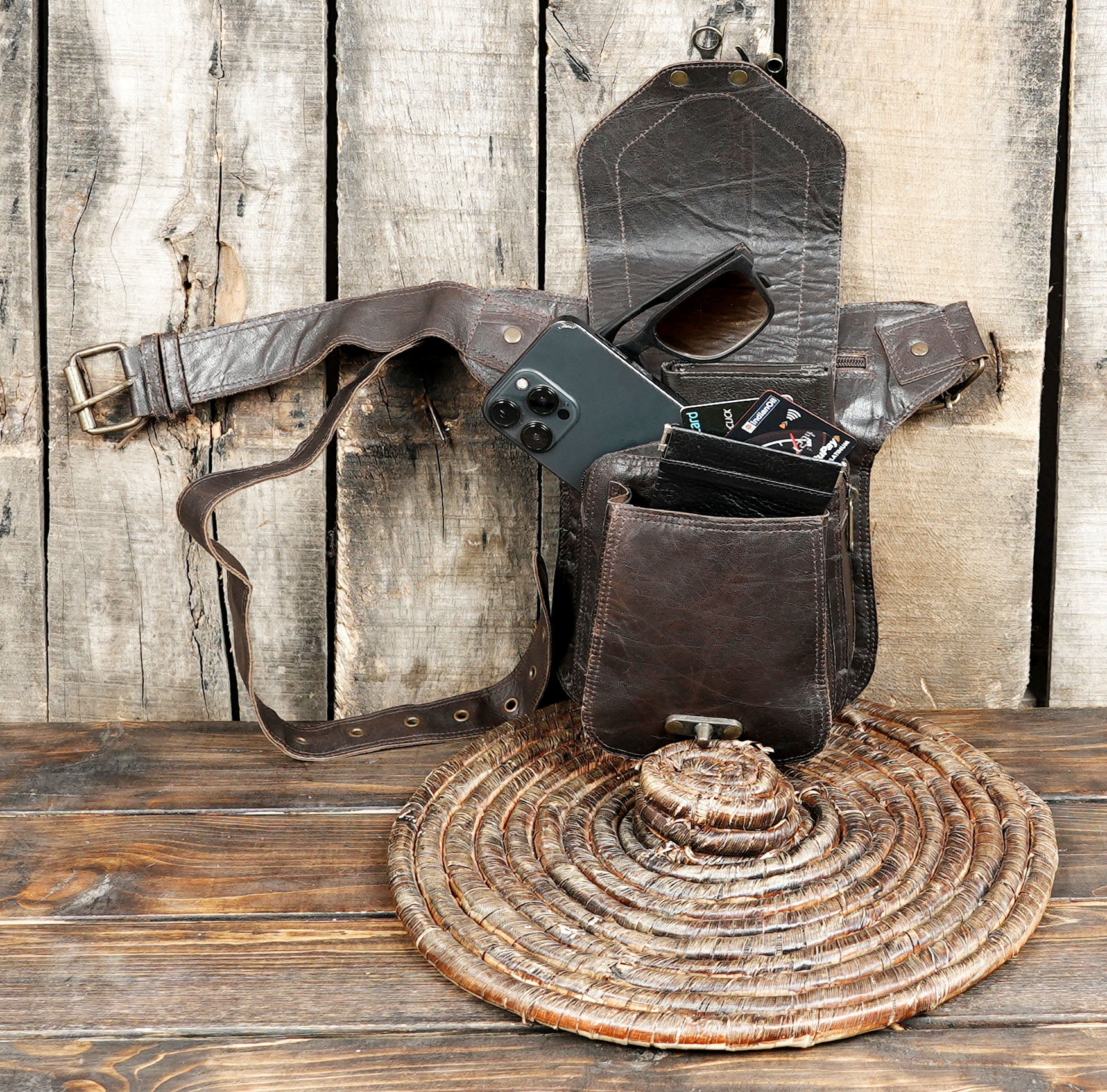 Handmade Leather Waist Belt with Front Pouch || Genuine Leather Waist Belt with Utility Pouch (LT/AB/WB/6171)