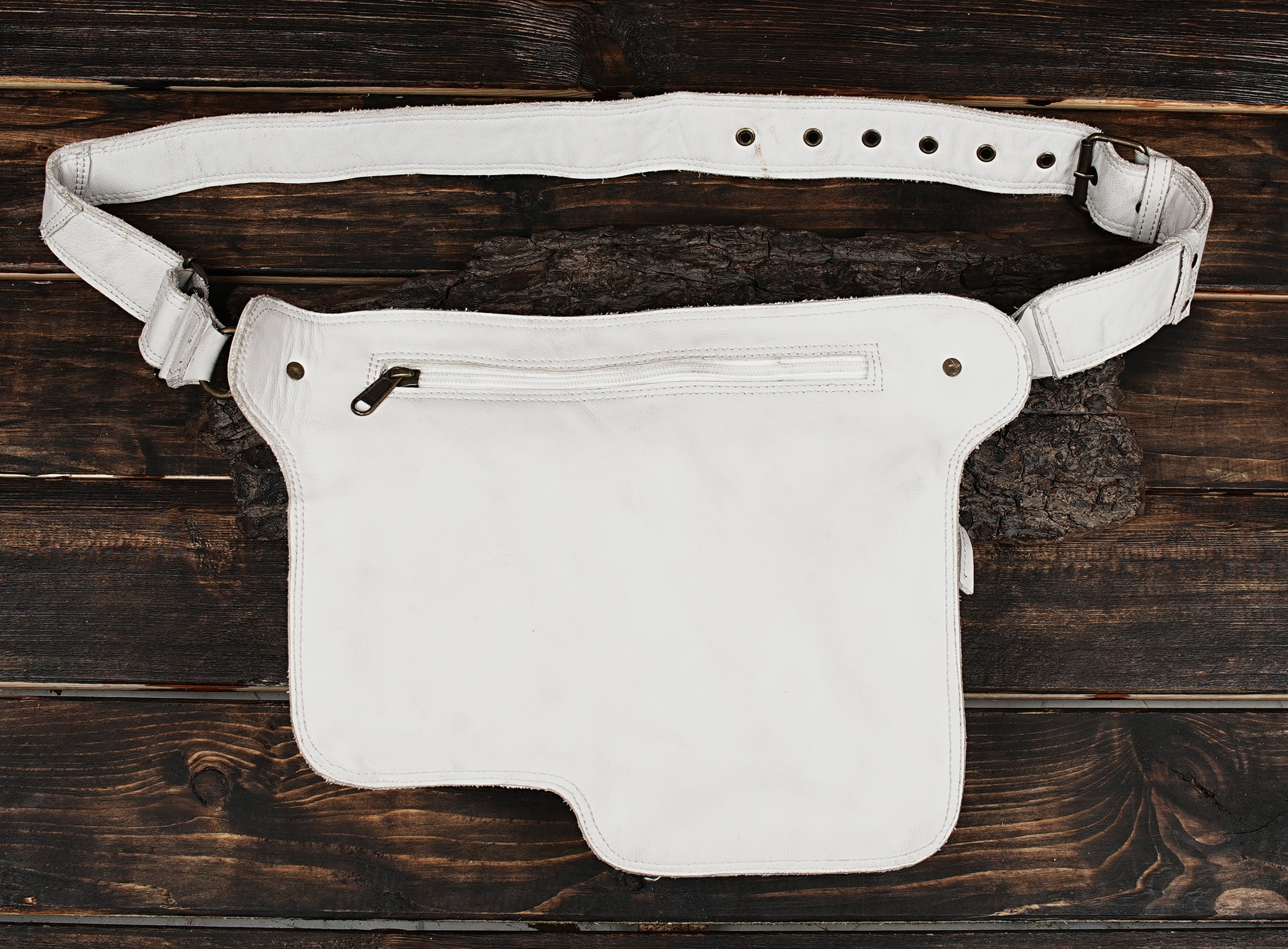 Handmade white leather fanny pack with zipper closure