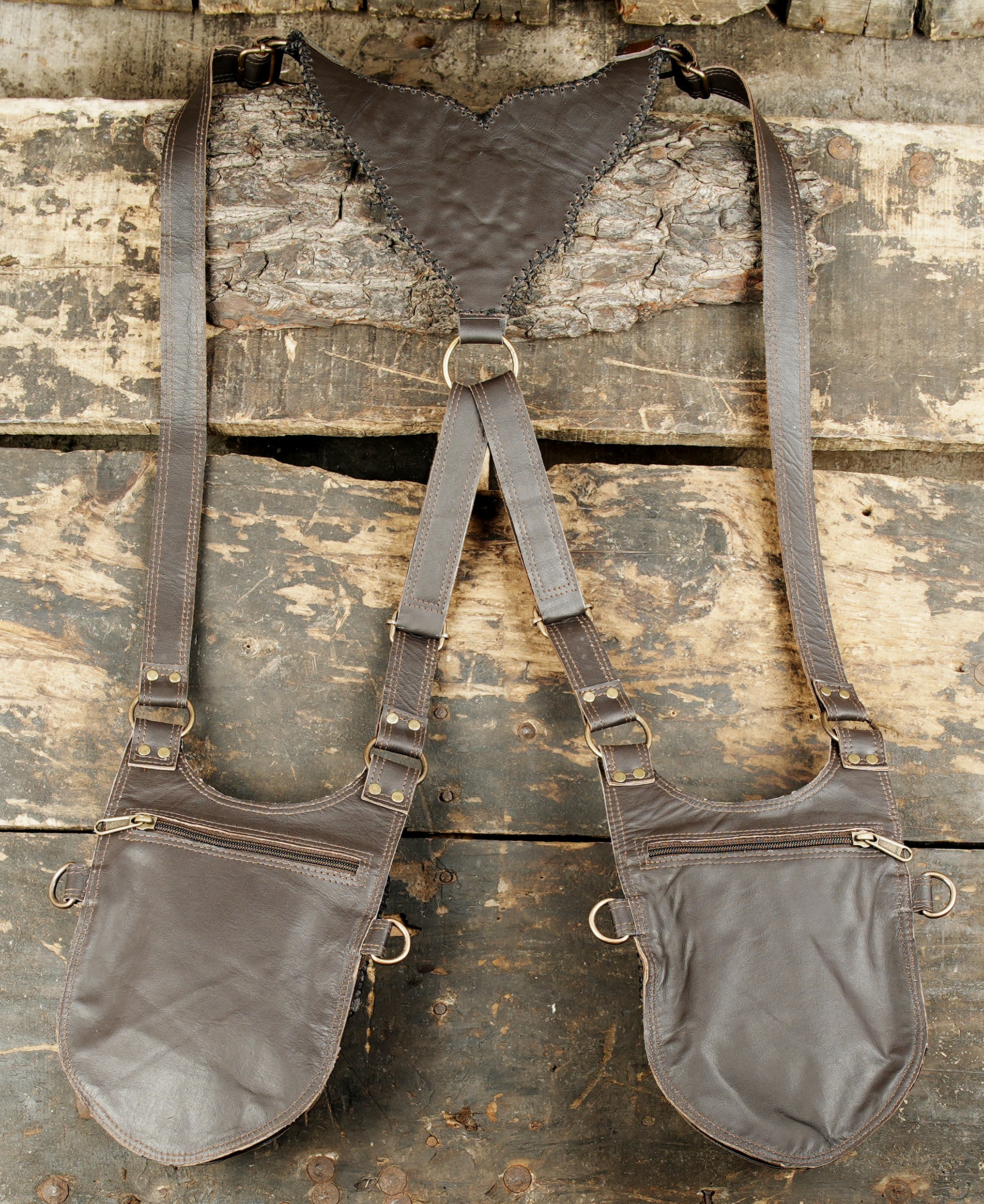 Retro leather chest holster with ornamental stone centerpiece