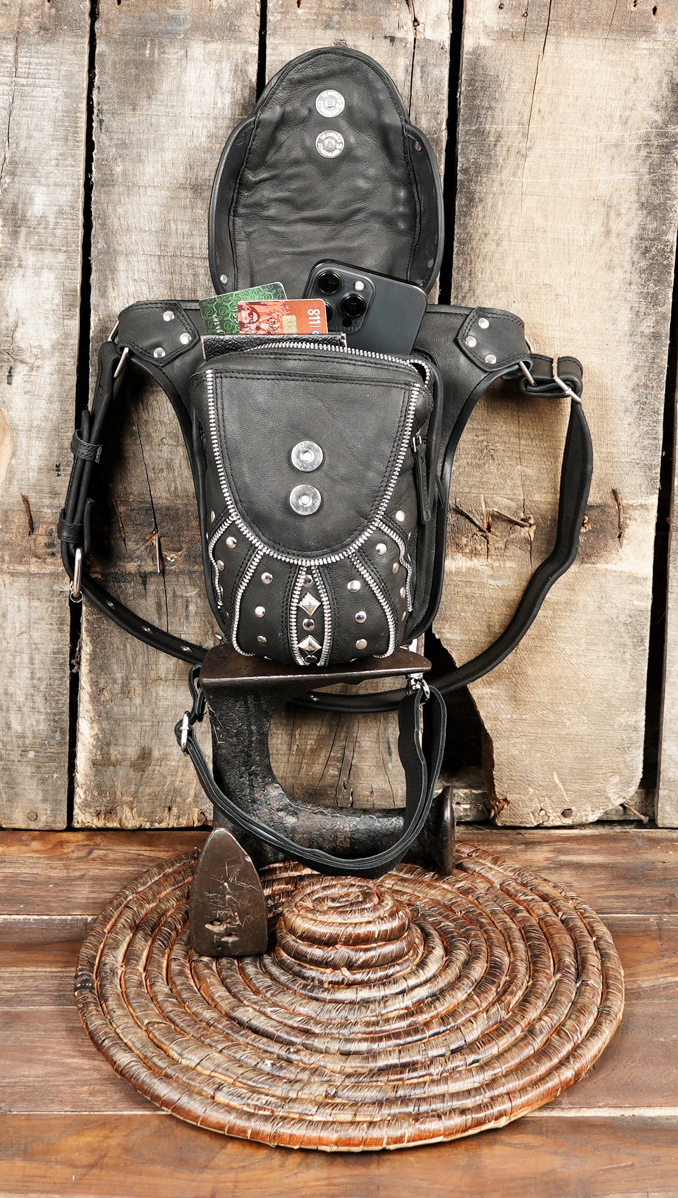 Buy Steampunk Waist Bag Fanny Pack Fashion Gothic Leather Shoulder Crossbody Messenger Bags Thigh with front zipper quality 