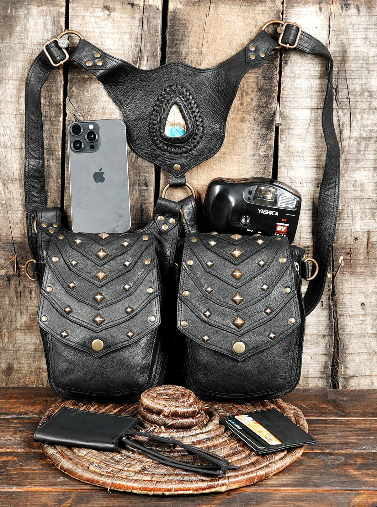 Artisan leather holster with gemstone detail