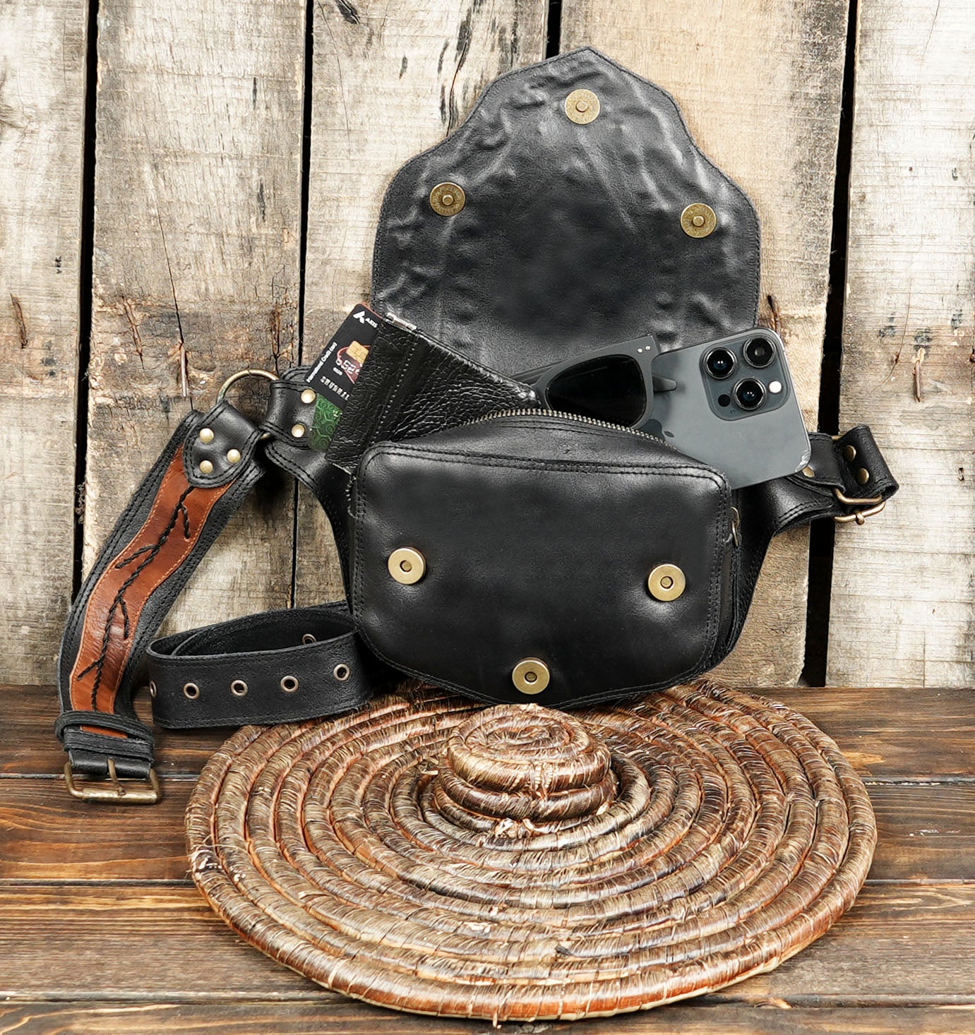 Handmade leather festival belt bag with secure buckle