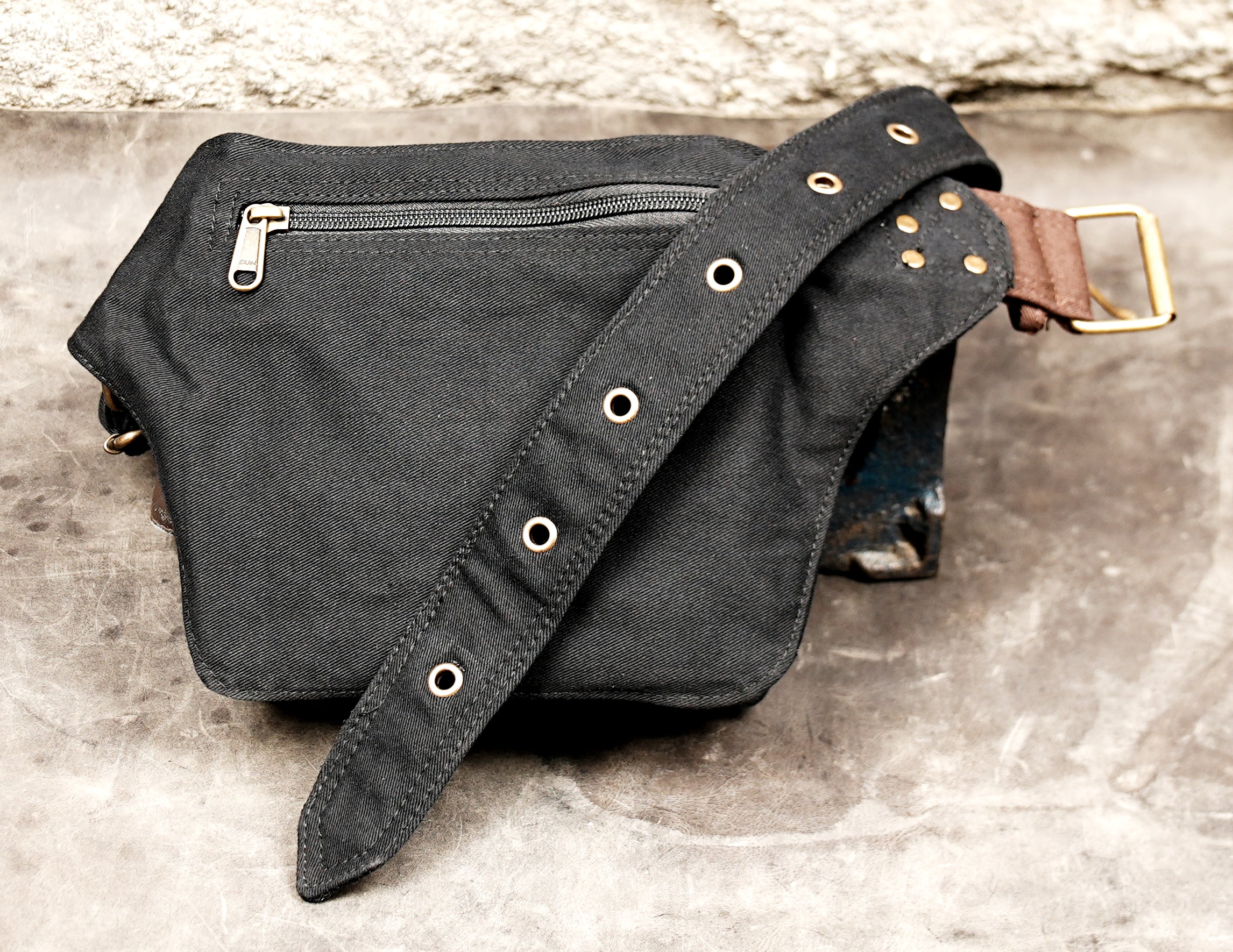Adjustable cotton fanny pack with vintage brass fittings
