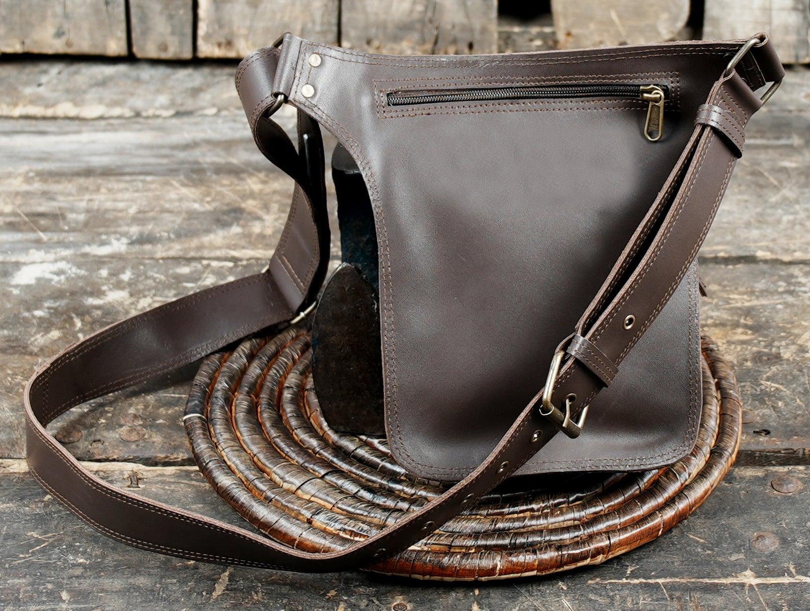 Brown festival leather waist bag for hands-free carrying
