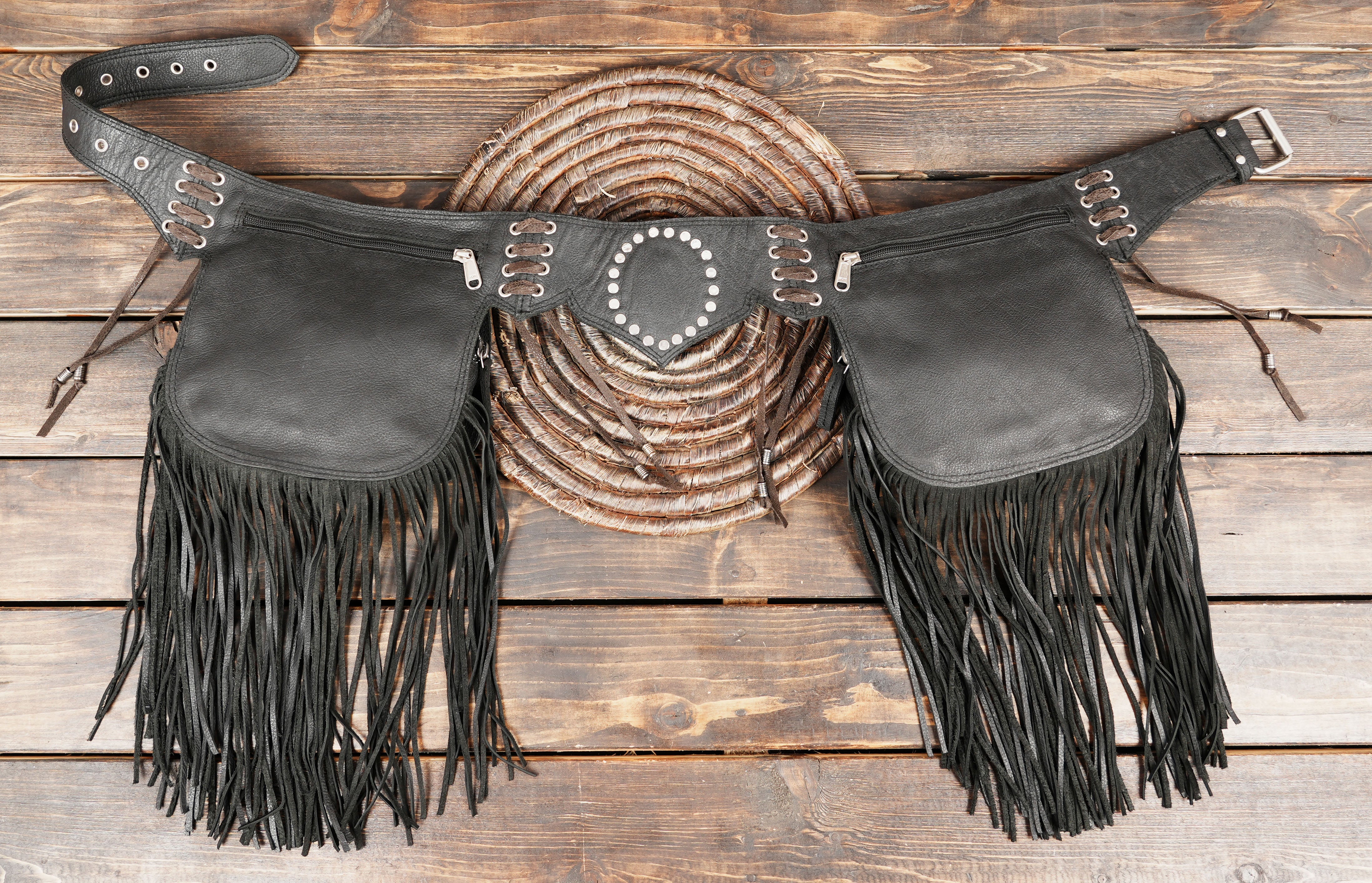 Black leather waist belt with decorative studs and fringe