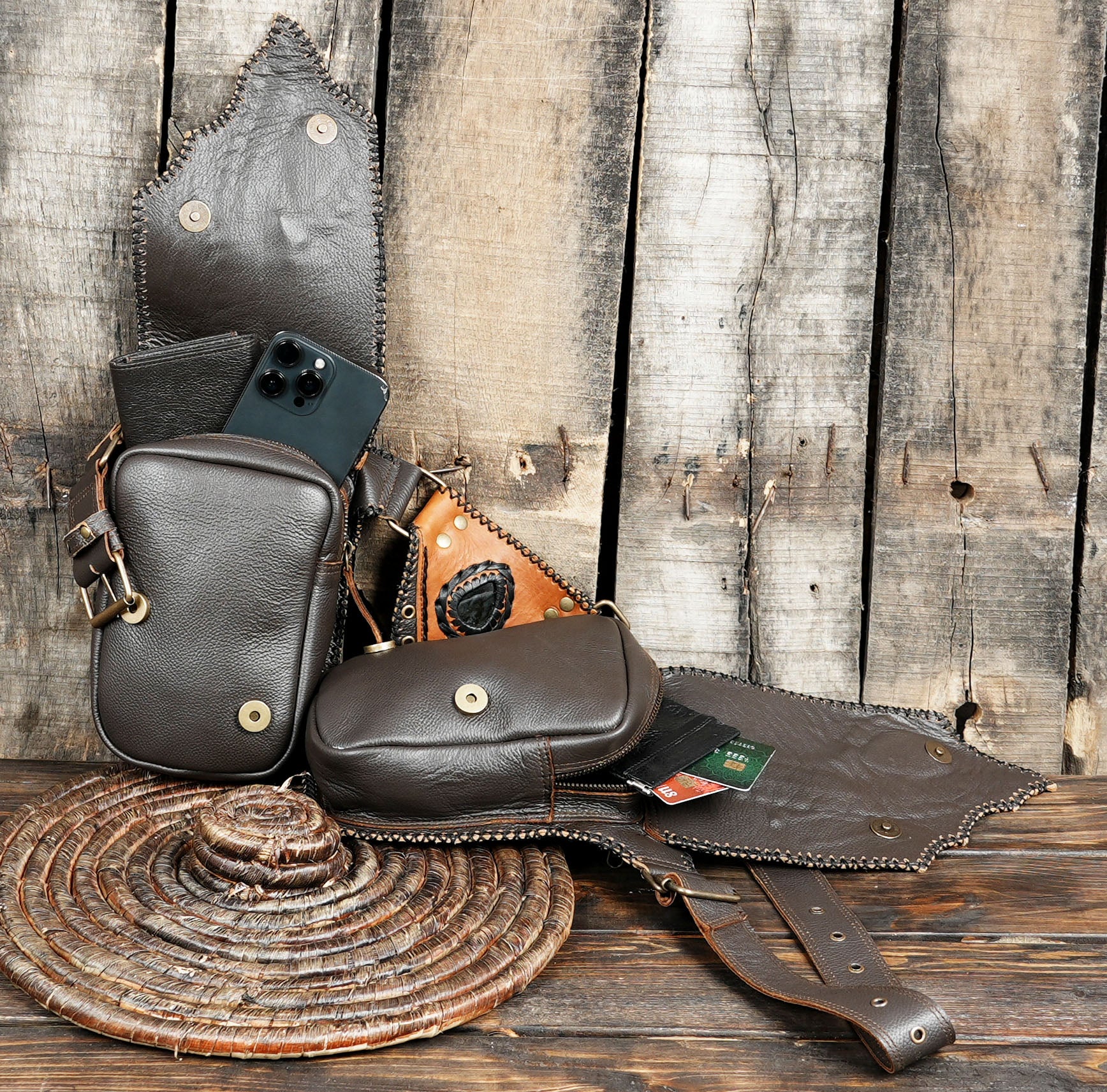 Bohemian Leather Belt Bag: Gemstone Accent, Unisex Festival Waist Bag with magnet button uases