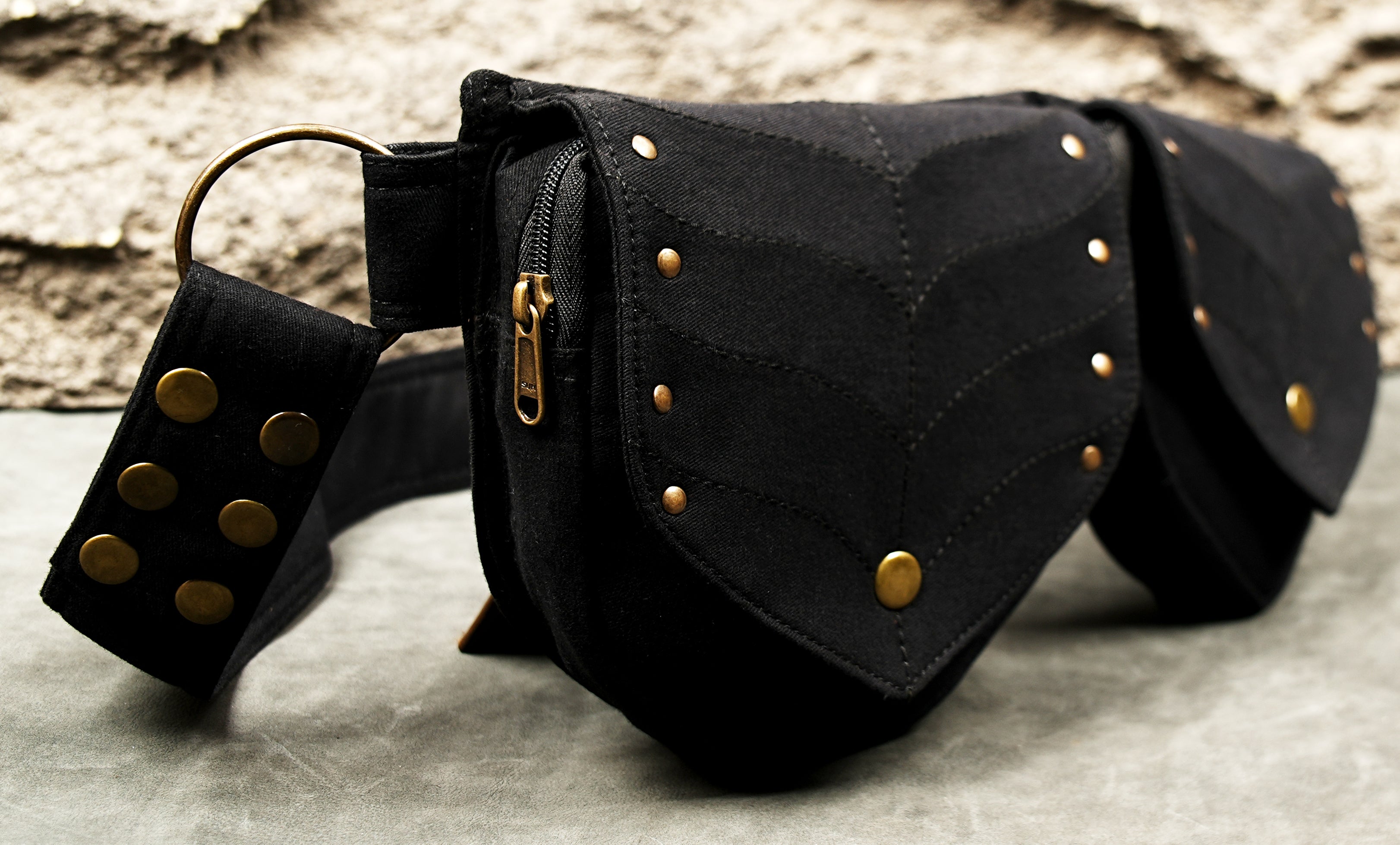Gothic black canvas pocket belt with brass rivets, ring and buckle