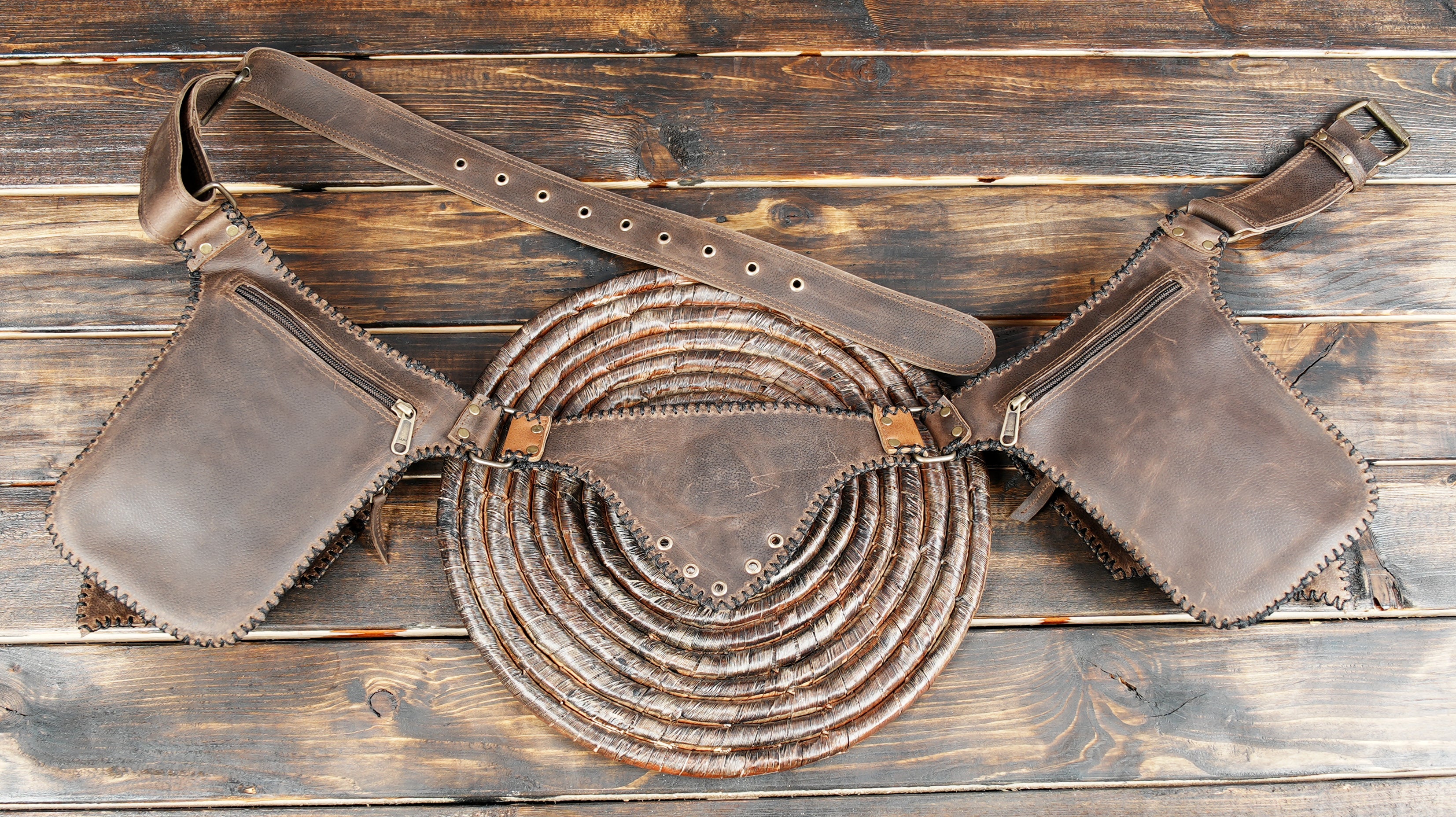 Handmade Leather Waist Belt with Utility Pouches || Boho Leather Waist Belt with Dual Pouches and Stone Detail (LT/AB/WB/6169)