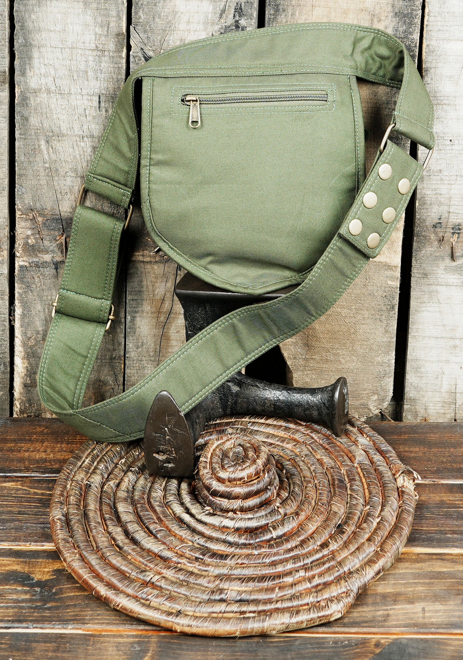 leaf-shaped green utility belt bag with leopard print