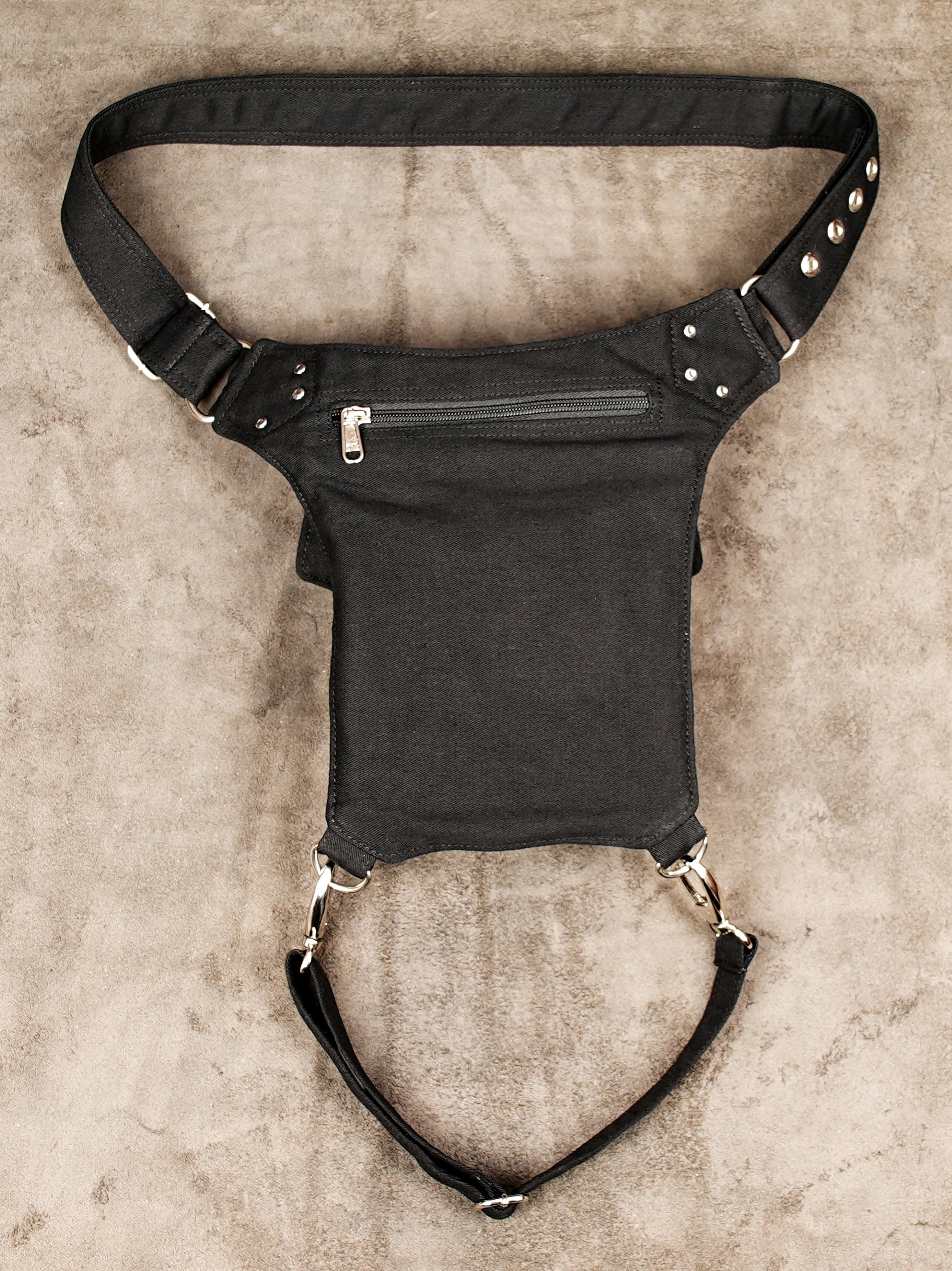 Durable black cotton canvas waist and thigh pocket pack for everyday utility