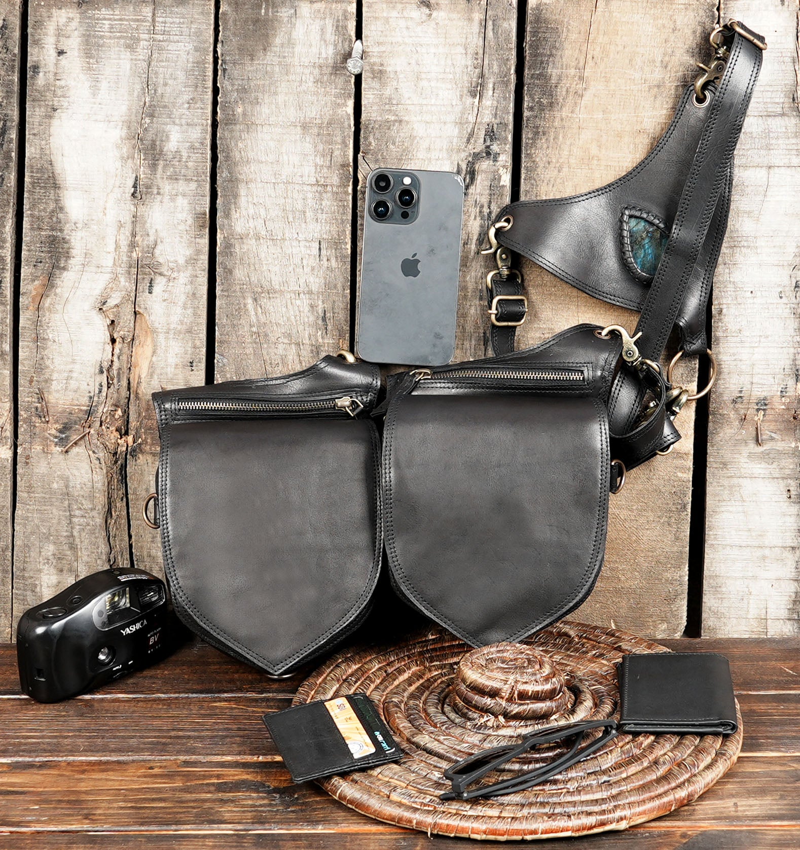 Genuine leather dual pouch holster for travel and festivals