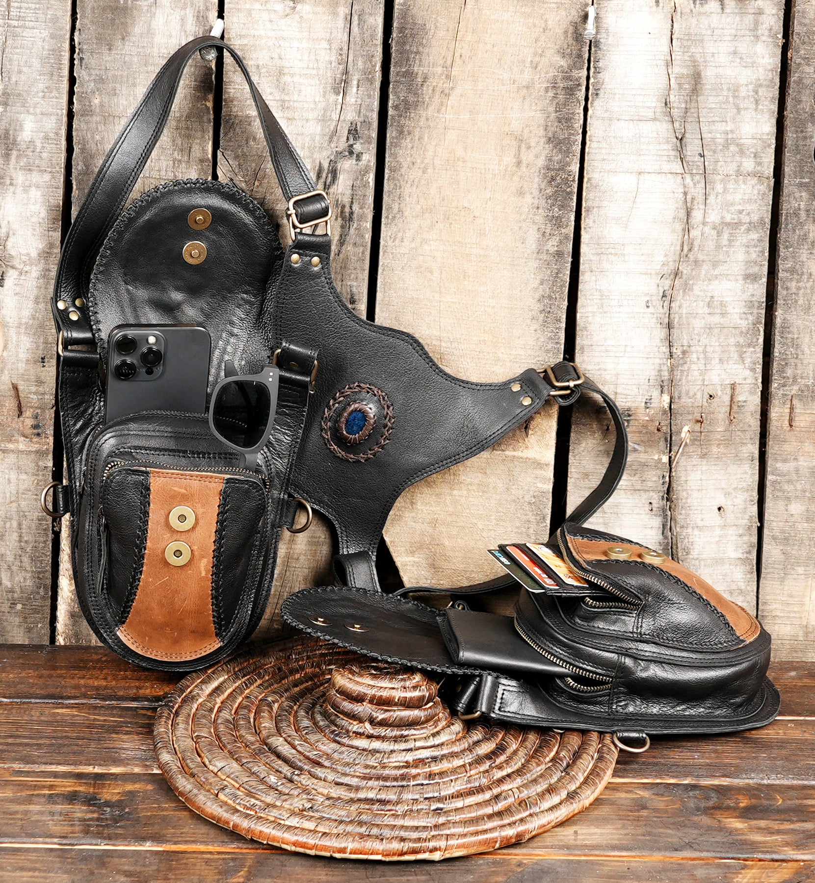Artisan leather shoulder holster with decorative stitching