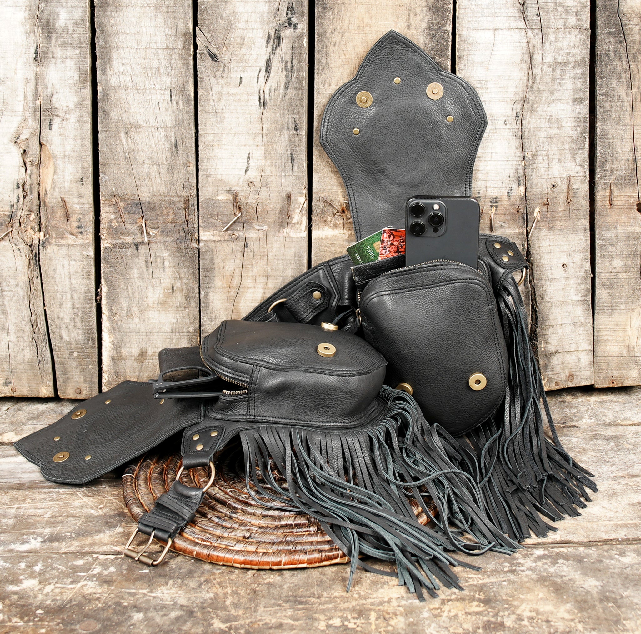 Utility Pouch Belt Black Tassels(handmade leather,hip belt,pocket belt,festival,steampunk,larp WITH METAL USE BUTTON 