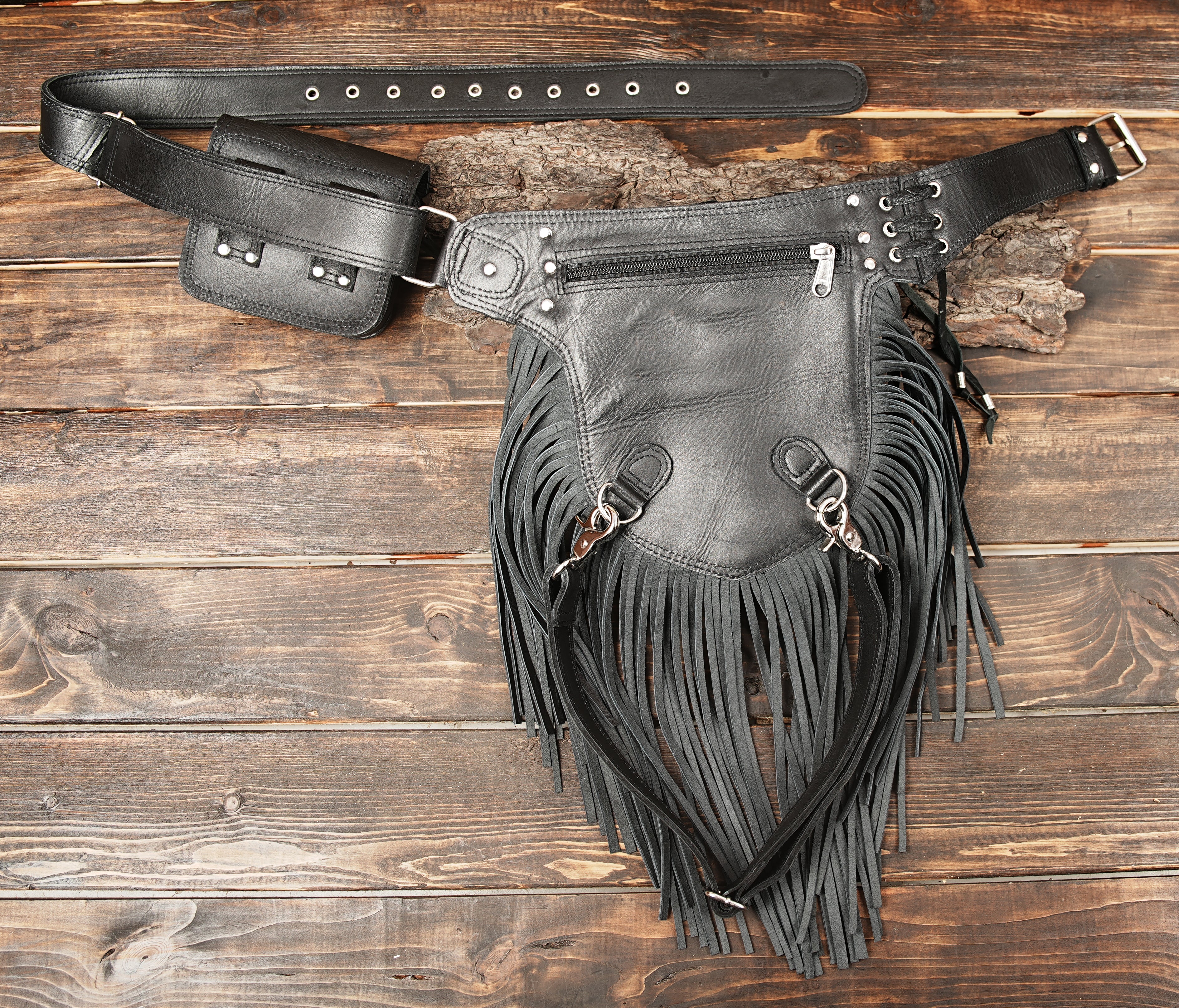 Handmade Leather Festival Fanny Pack: Gemstone Fringe Hip Bag with back side zipper 