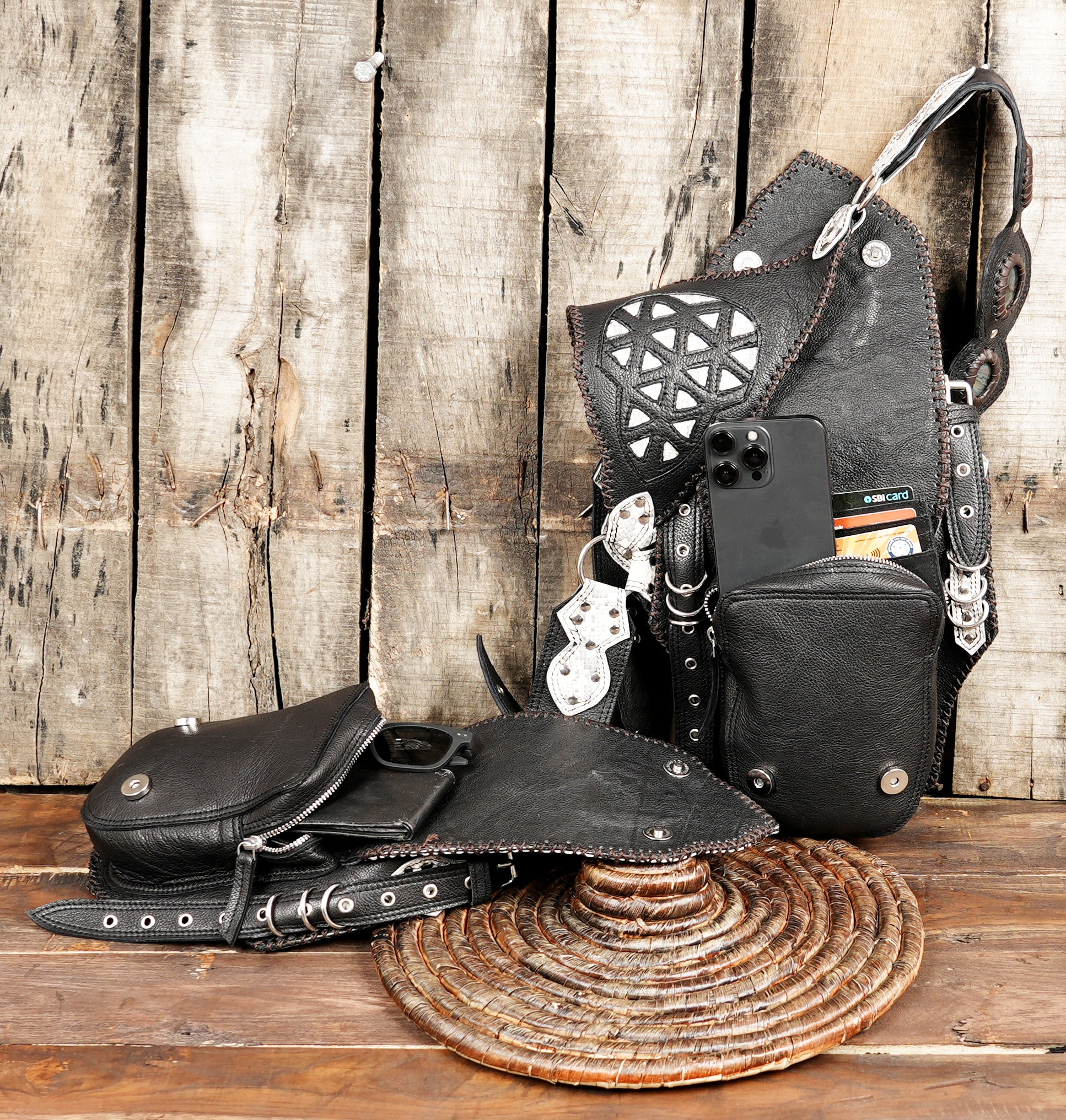 Black and white geometric leather festival holster with gemstone