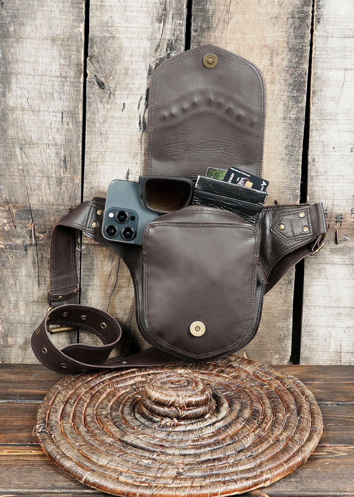 Durable brown leather belt bag for travel and outdoor use