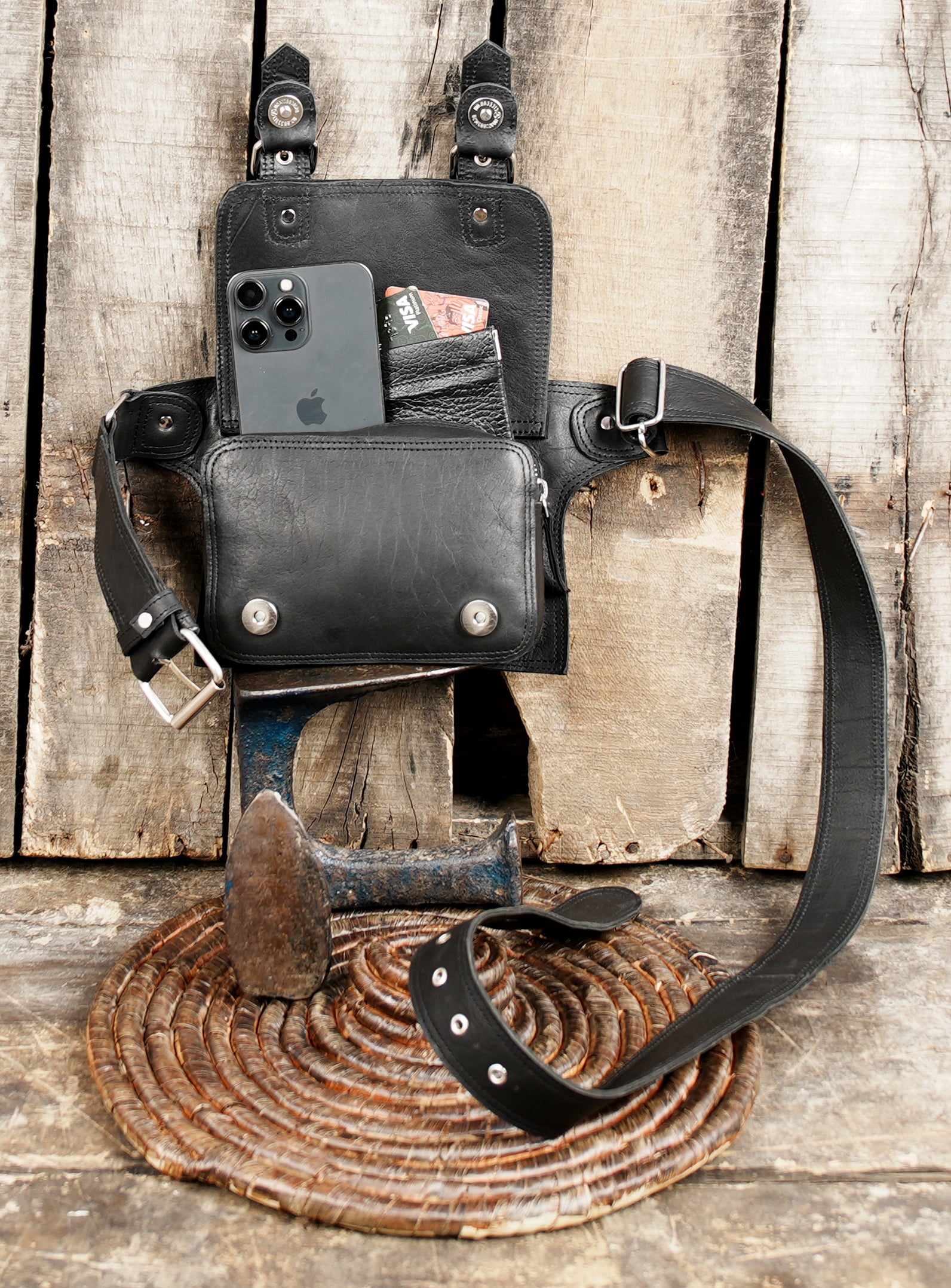Black leather waist belt bag for travel and outdoor use