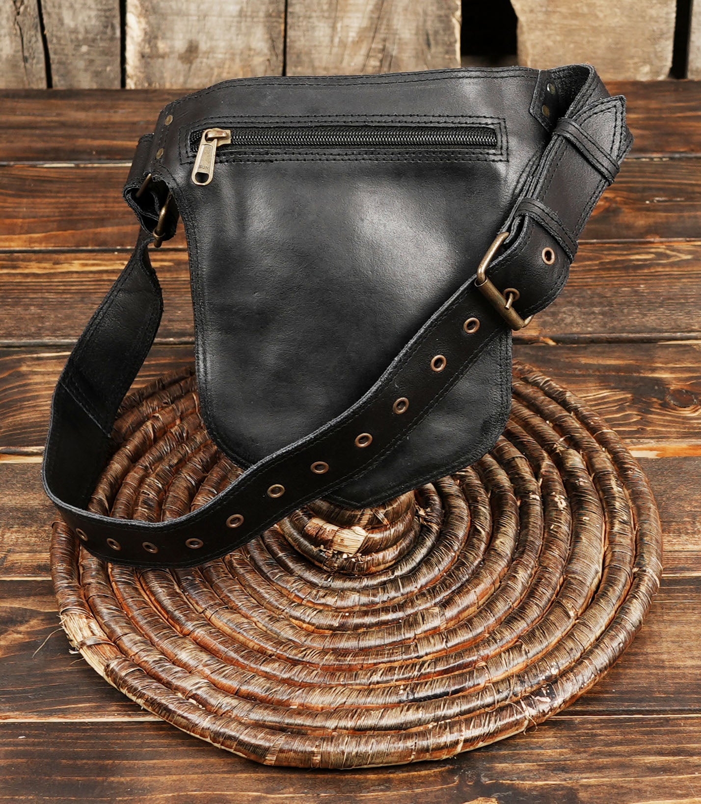 Black Leather Fanny Pack: Large Sling Bag with Gold Zipper 
