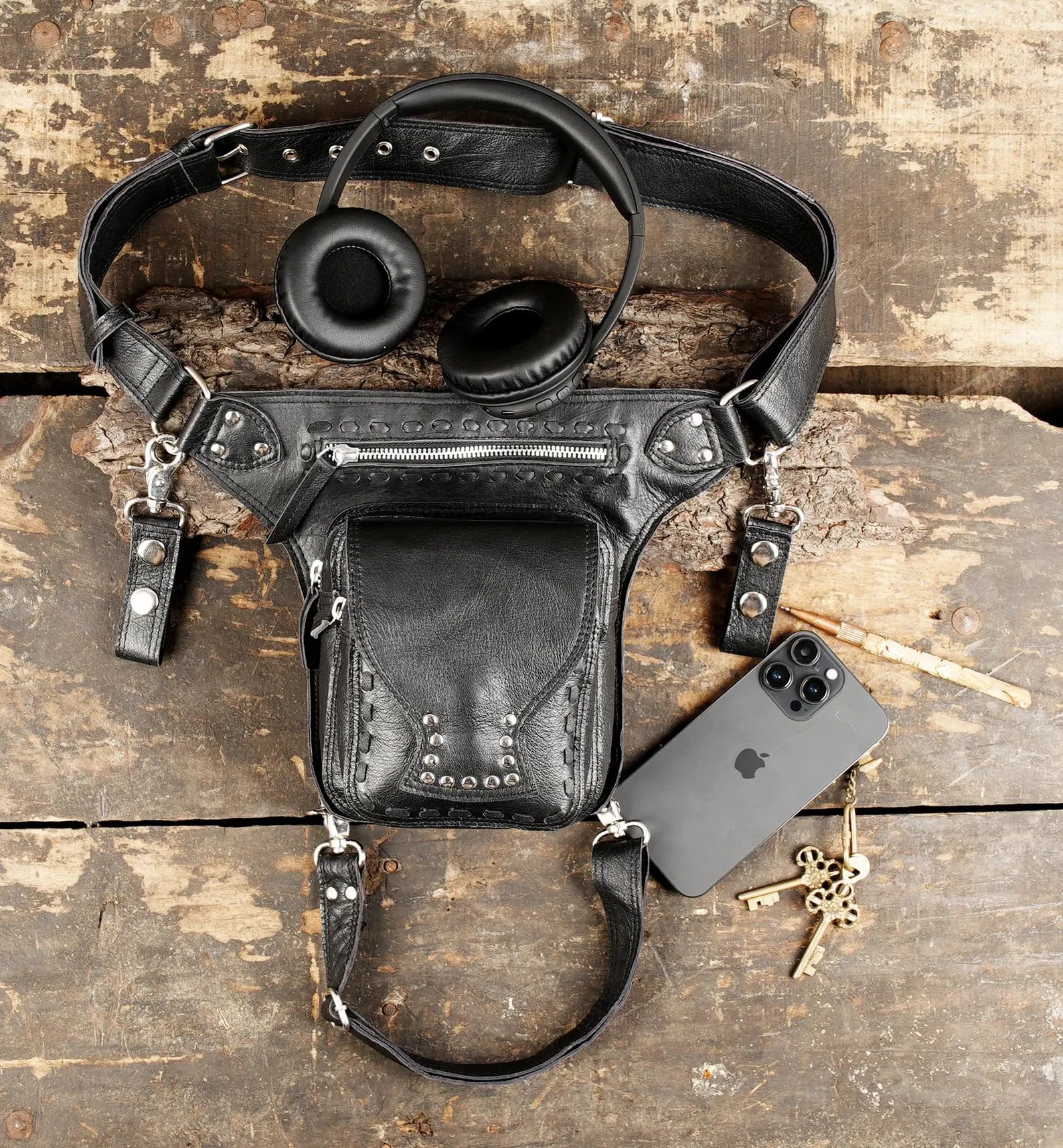 Handmade Leather Leg Bag Holster with Utility Pouch and Silver Hardware