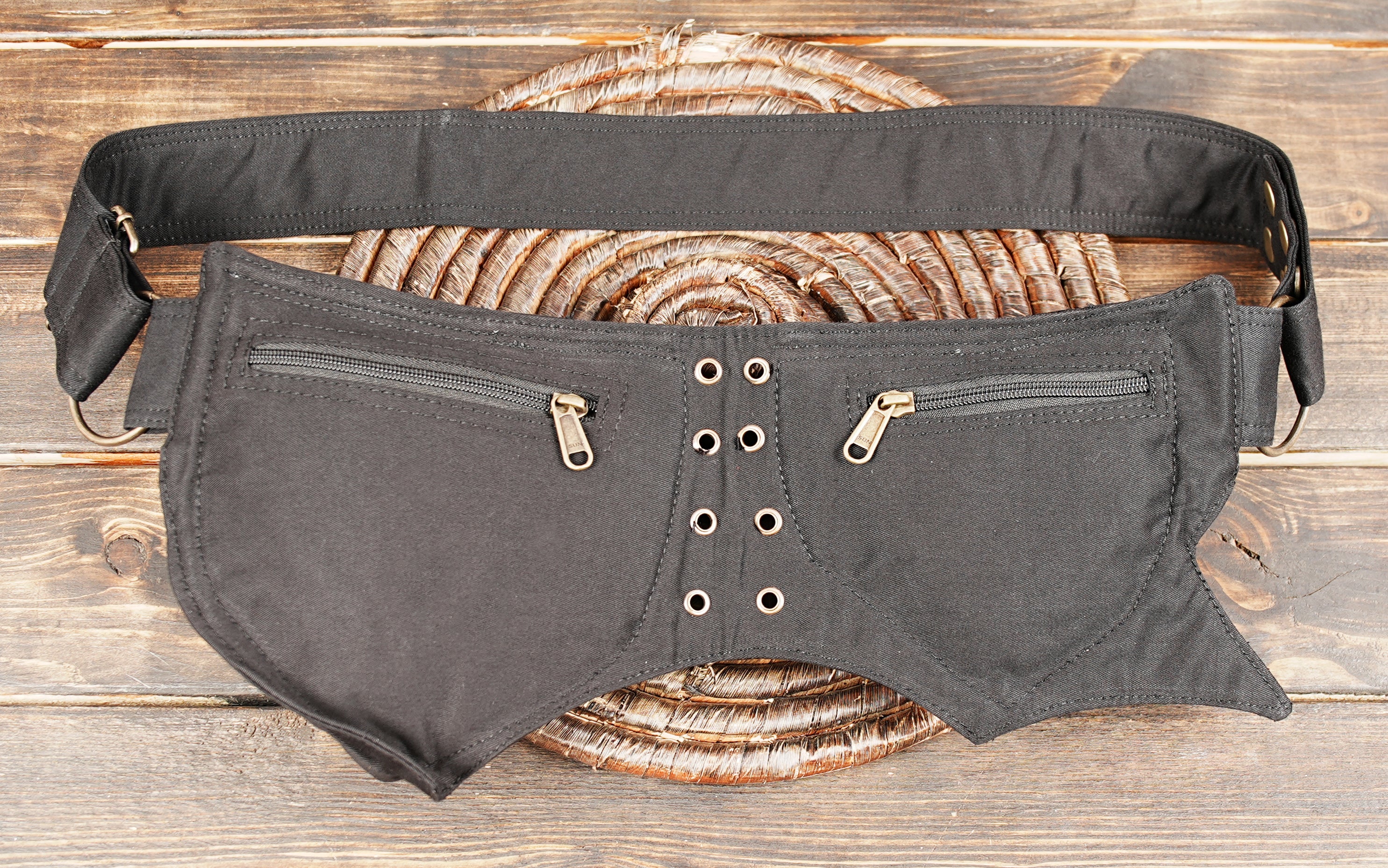 Cotton travel waist bag with two pockets and adjustable waist strap