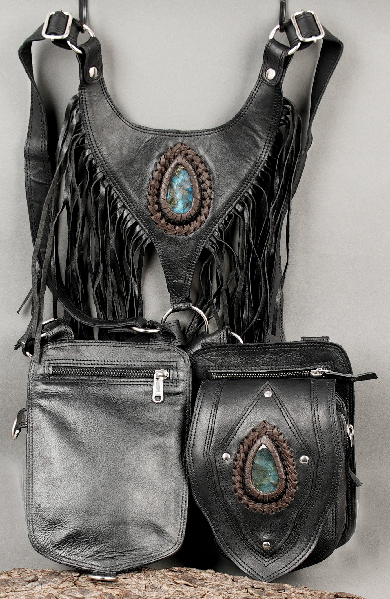 Premium black leather shoulder holster with decorative braided stonework