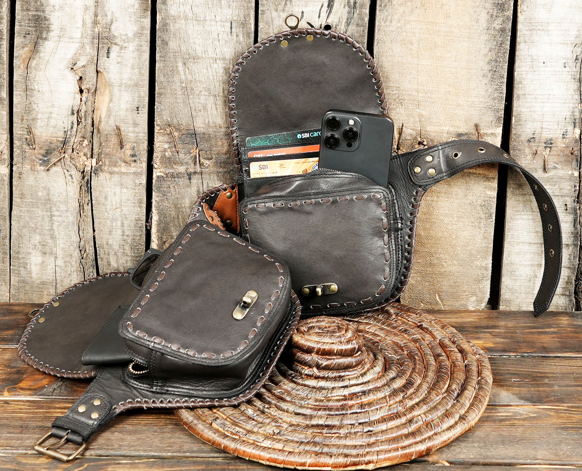 Leather festival belt with dual pockets and hand-tooled gemstone accents