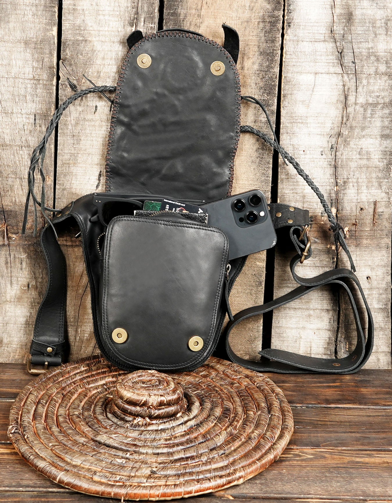 Handmade leather hip belt bag with fringe design