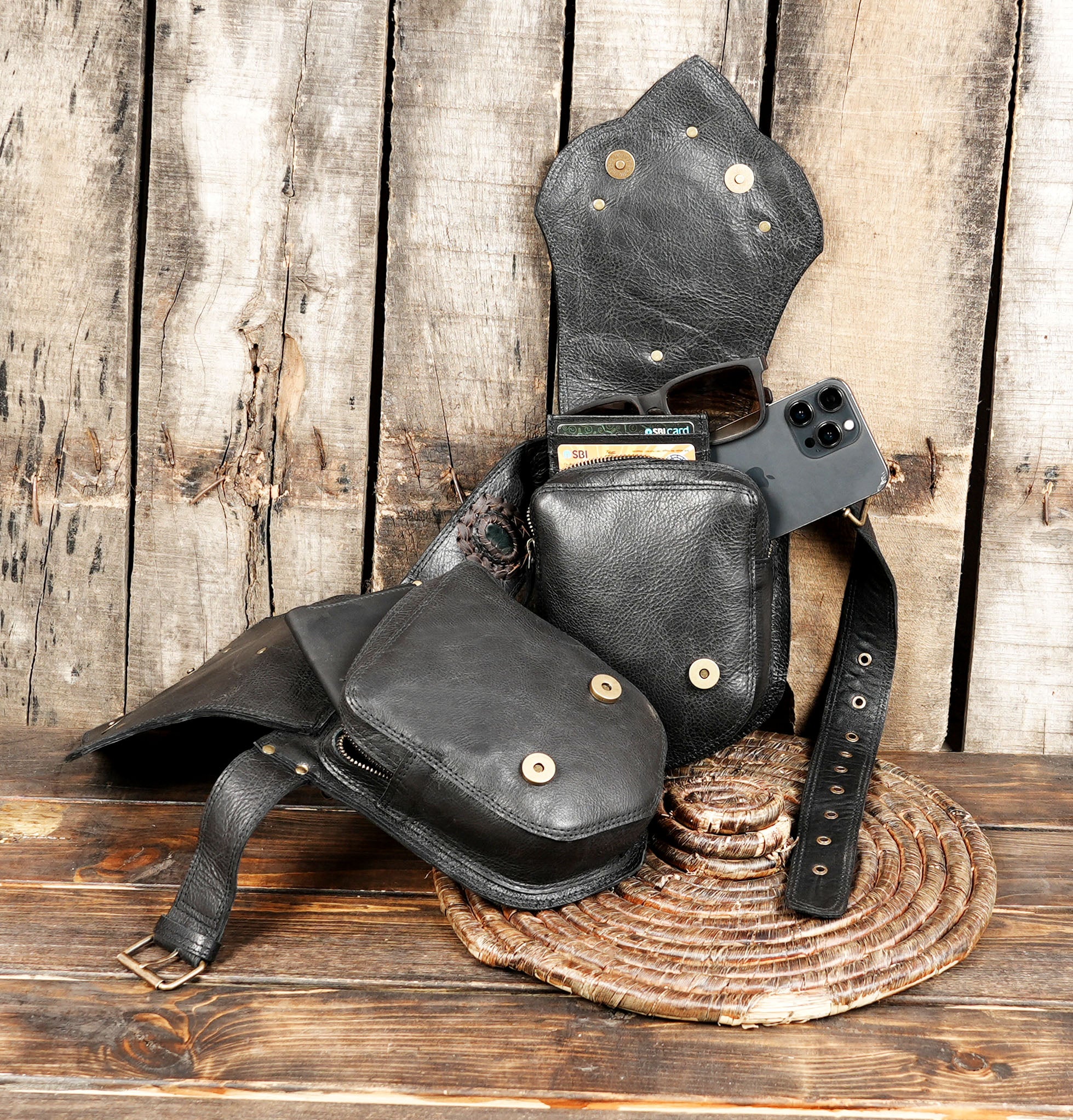 Handmade Black Tribal Leather Waist Belt with labradorite gemstone – Gothic Boho Hip Bag with Stone Accents  (LT-AB-WB-6080)