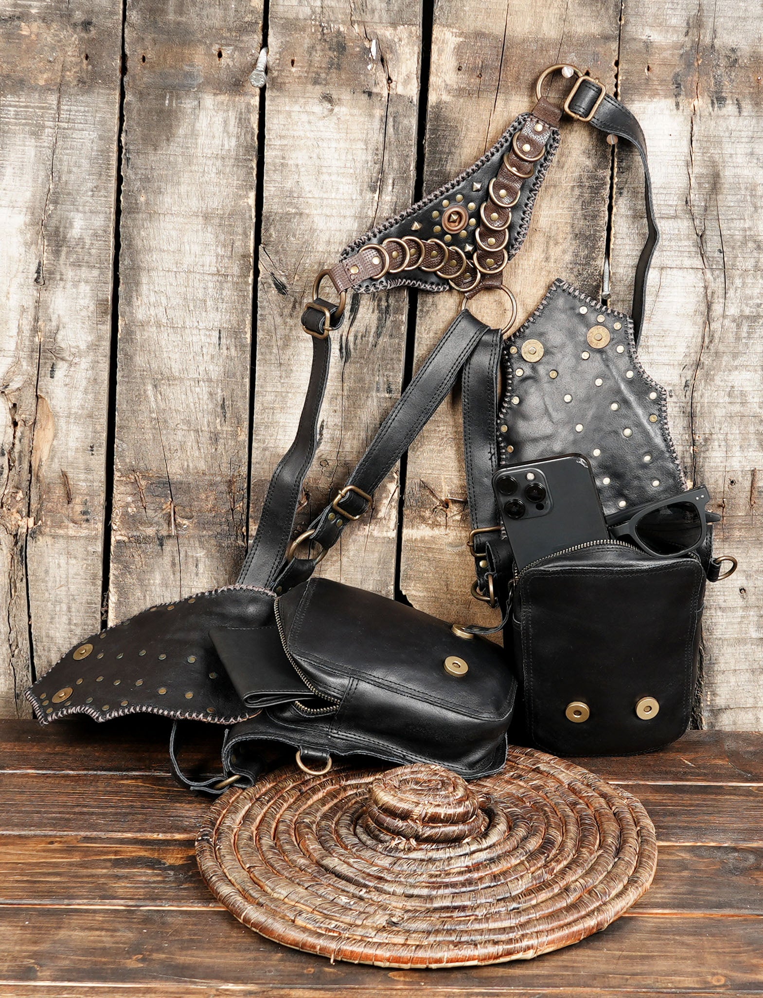 Black Handmade Leather Holster | Gemstone Harness Bag | Unisex Leather Holster Belt | Boho Style With Dual Pocket Holster with magnet pocket 