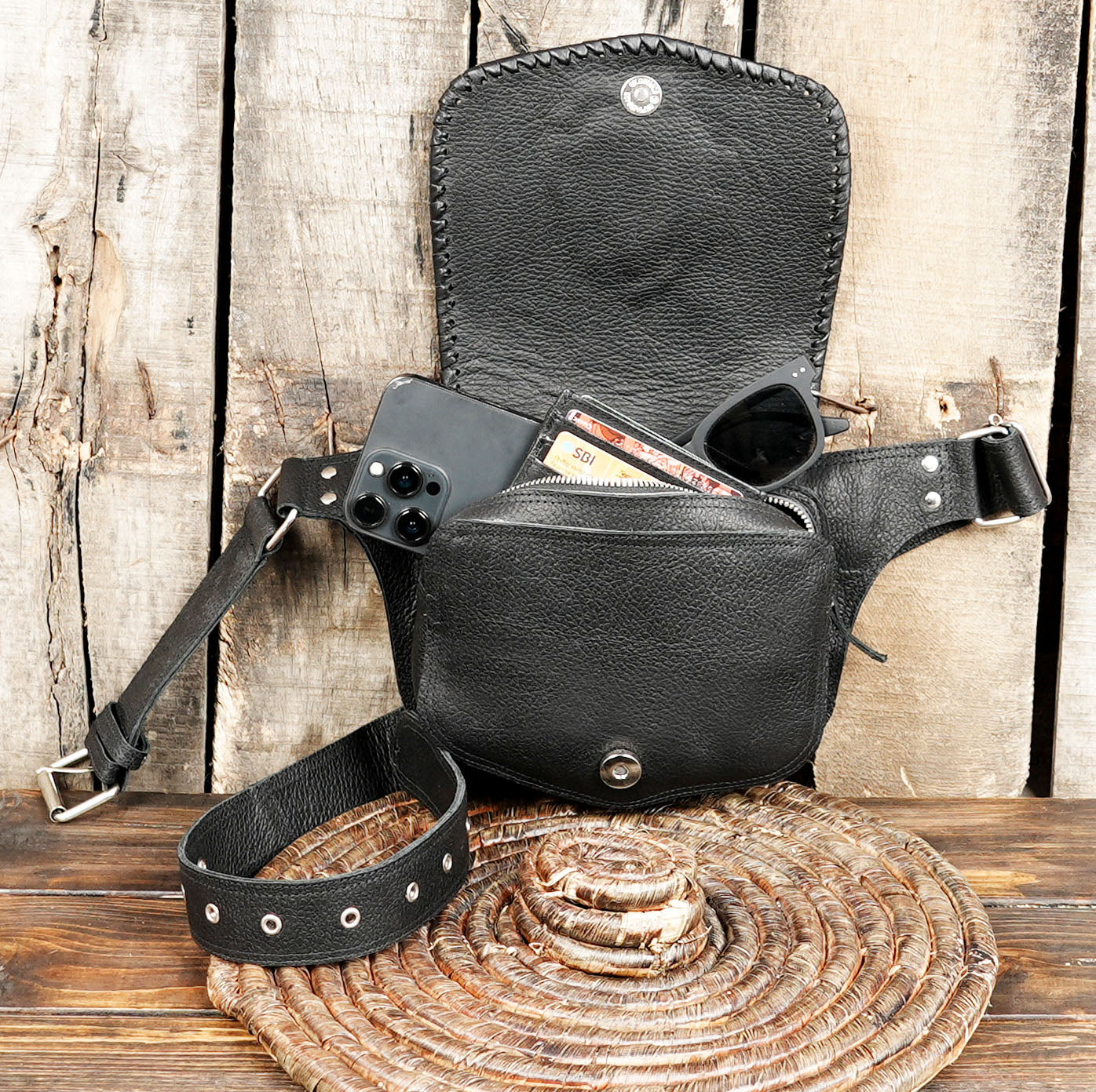 Boho Leather Waist Bag with Natural Gemstones: Free-Spirited Style with zipper and pocket