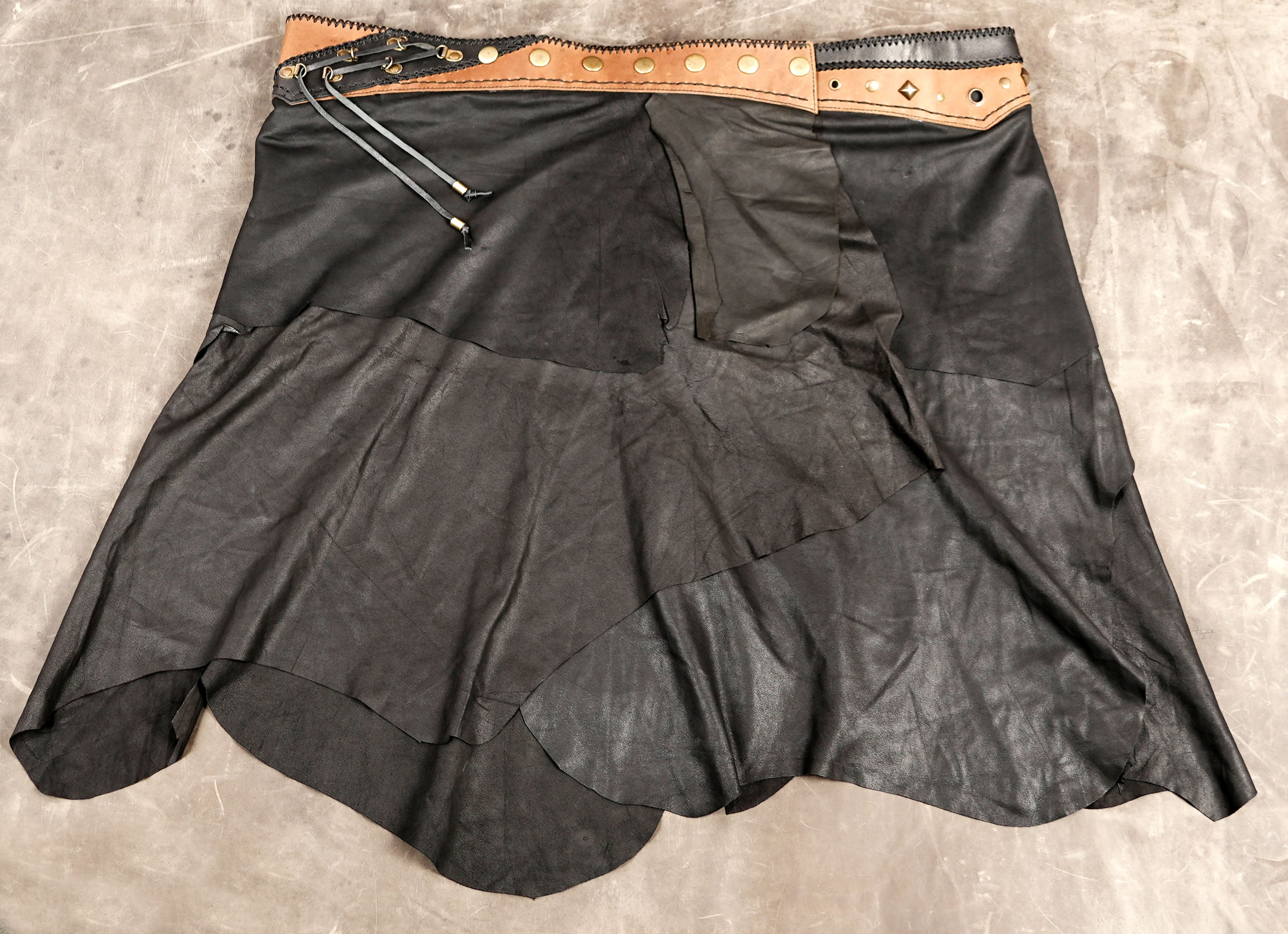 Black Leather Mini Skirt with Antique Stud Details and Labradorite Accent