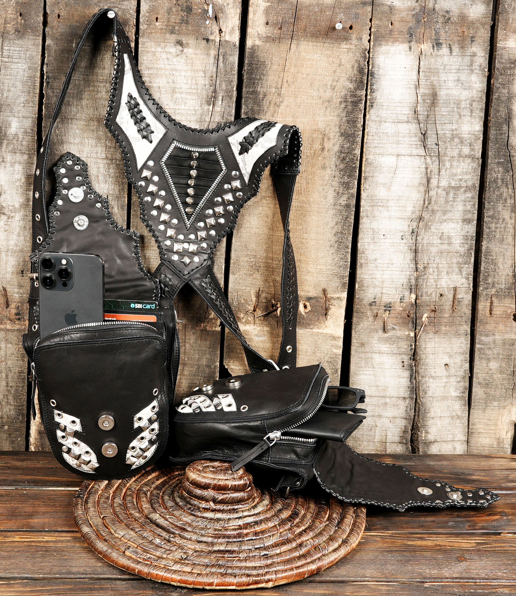 biker style black leather harness bag USA