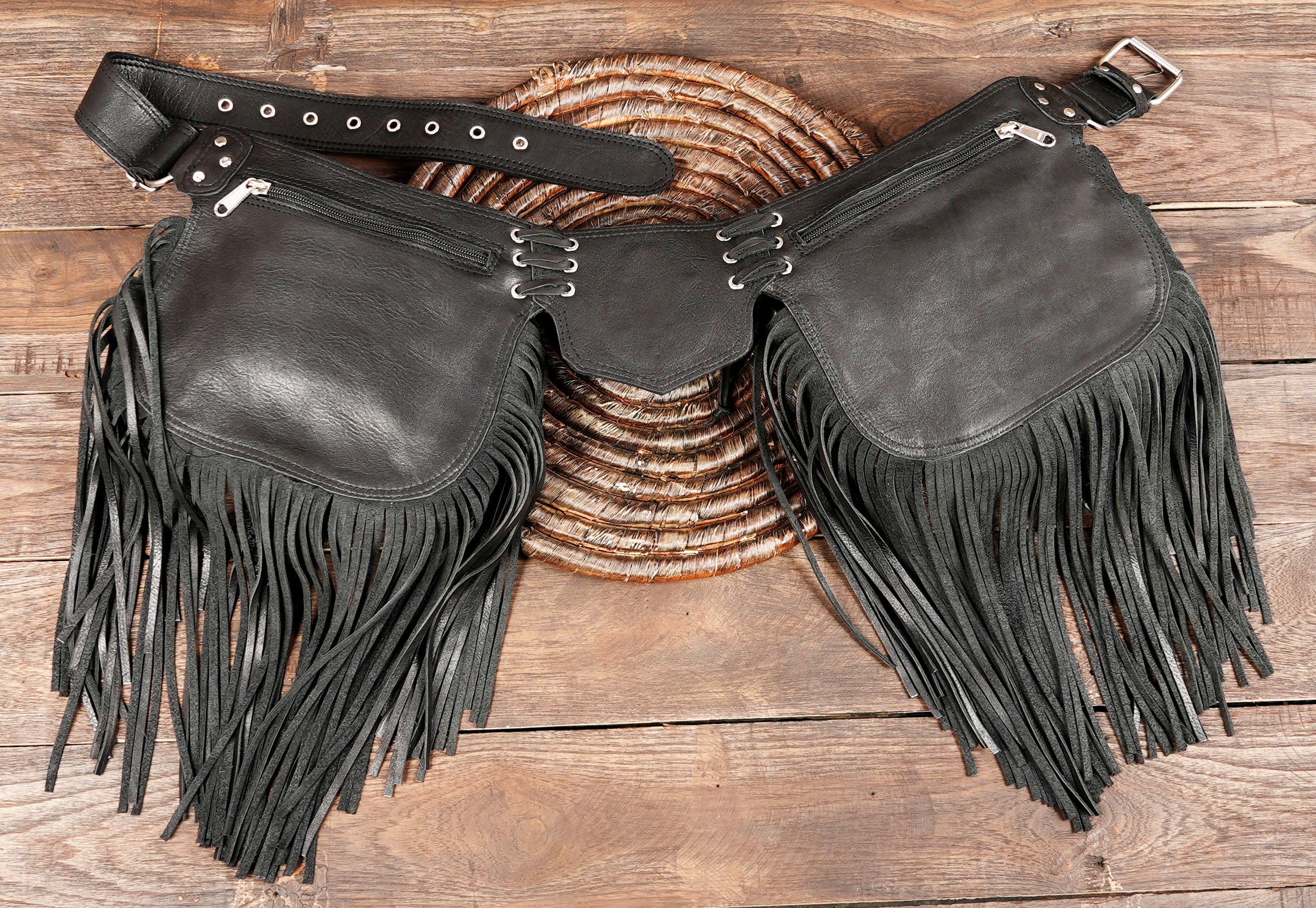 Handcrafted black leather festival belt bag